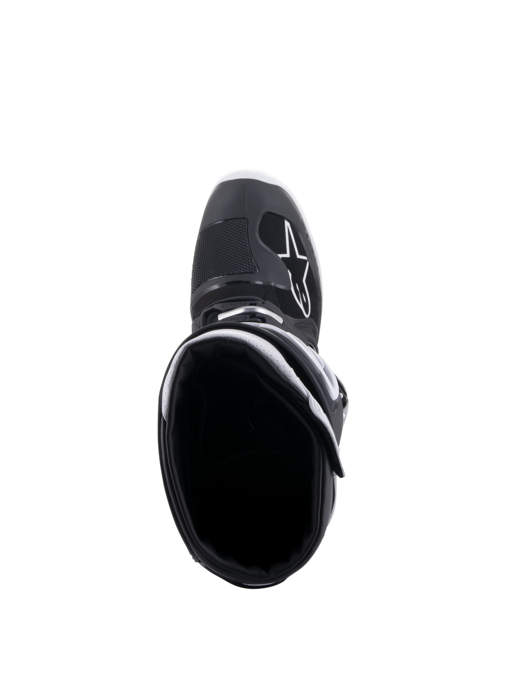 Buty Alpinestars Tech 7 Enduro Drystar®, czarno-białe, widok z góry na otwór buta, białe logo A-star na czubku, biała wyściółka kołnierza, wysokowydajna wodoodporna konstrukcja do jazdy enduro
