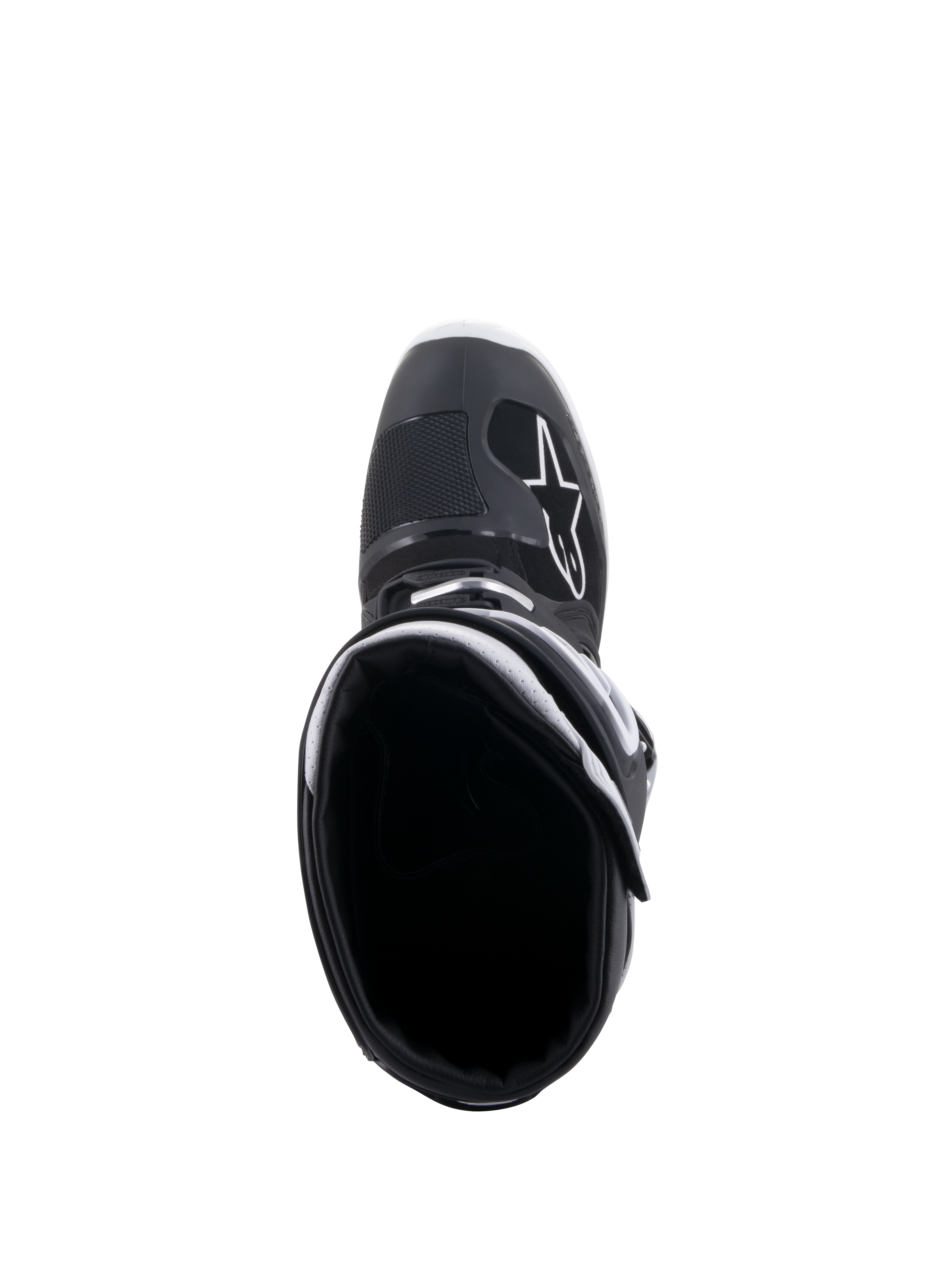 Buty Alpinestars Tech 7 Enduro Drystar®, czarno-białe, widok z góry na otwór buta, białe logo A-star na czubku, biała wyściółka kołnierza, wysokowydajna wodoodporna konstrukcja do jazdy enduro