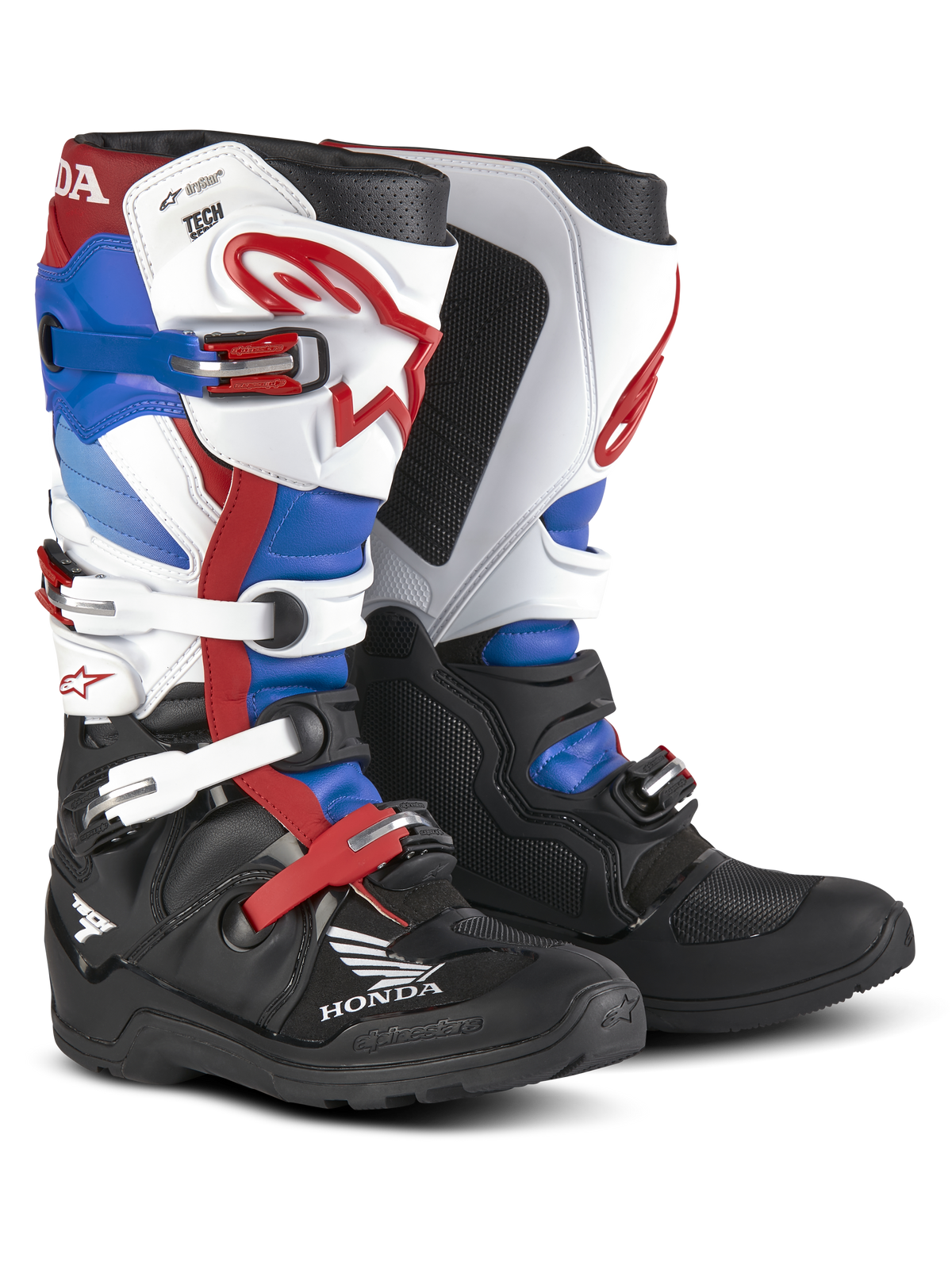 Alpinestars Honda Tech 7 Enduro Drystar® Boots, buty motocyklowe terenowe, czerwone, niebieskie, czarne i białe, wielokrotne klamry regulacyjne, logo Honda, wzmocniona konstrukcja ochronna