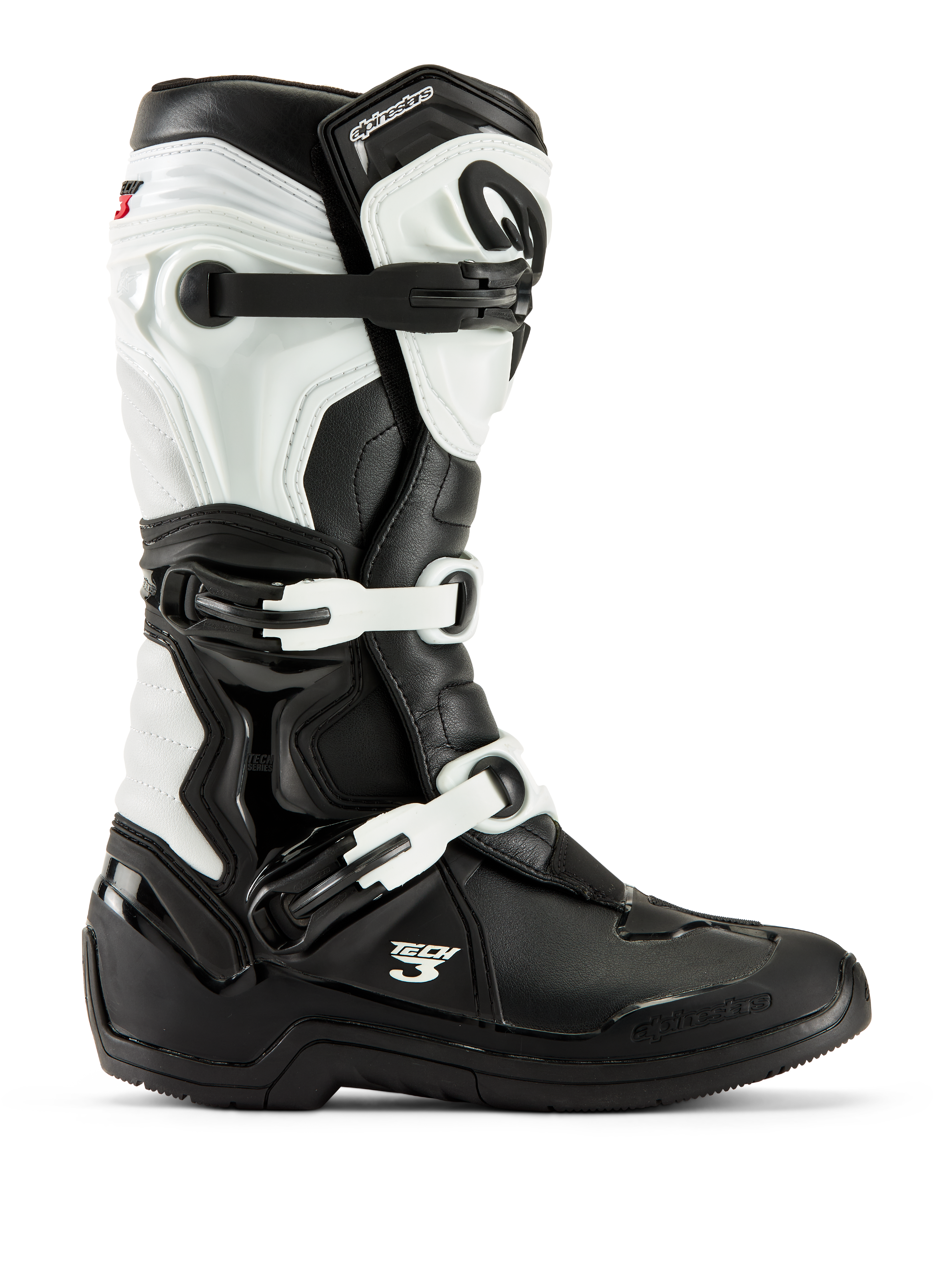 Alpinestars Tech 3 Boots, Motocross Boots, Black and White, side profile view featuring three-buckle closure system, protective TPU panels, and durable synthetic construction for off-road racing