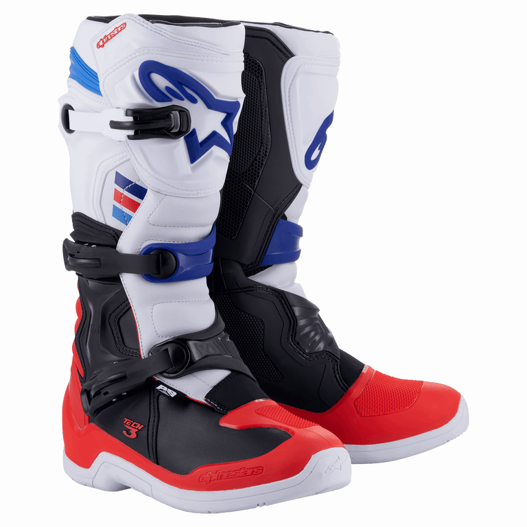 Buty Alpinestars Tech 3, buty motocrossowe i terenowe, białe, jaskrawoczerwone i granatowe, potrójne zapięcie na klamry, osłony goleni i pięt z TPU, trwała konstrukcja z mikrofibry, białe podeszwy i niebieskie akcenty logo