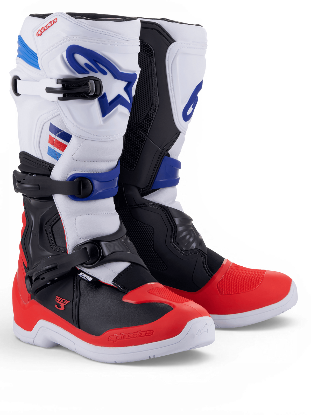 Alpinestars Tech 3 Boots, white and bright red motocross boots with dark blue accents and triple buckle closures, pair shown