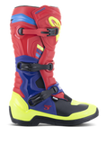 Alpinestars Tech 3 Boots, Motocross Boots, Bright Red, Dark Blue, and Yellow Fluo, featuring a triple buckle closure system, TPU protection plates, and vibrant neon accents, durable microfiber construction for off-road riding