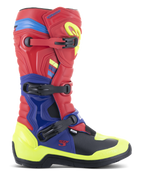 Alpinestars Tech 3 Boots, Motocross Boots, Bright Red, Dark Blue, and Yellow Fluo, featuring a triple buckle closure system, TPU protection plates, and vibrant neon accents, durable microfiber construction for off-road riding