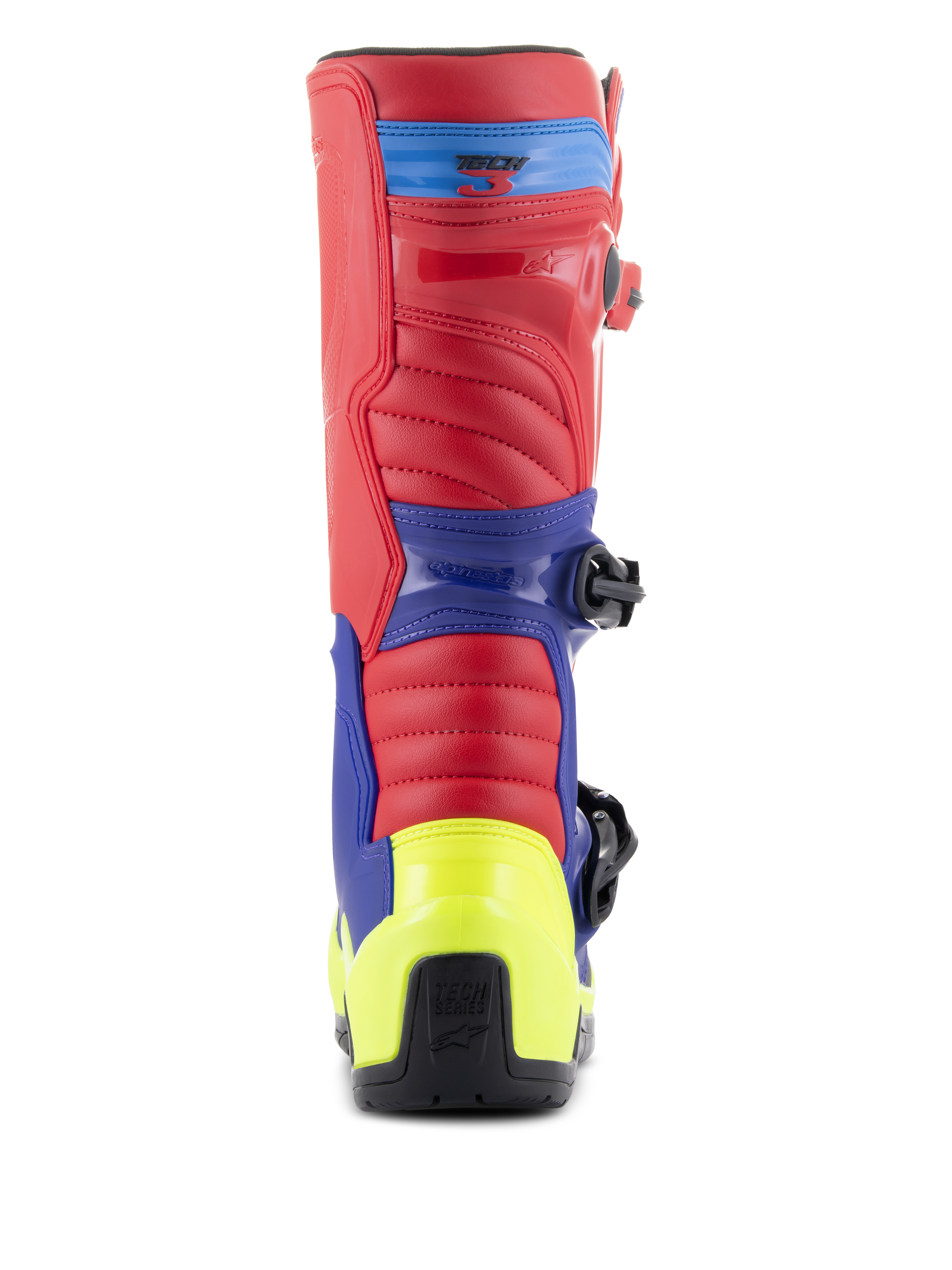 Alpinestars Tech 3 Boots, Motocross Boots, Bright Red, Dark Blue and Yellow Fluo, rear view featuring neon yellow heel counter, red upper, and blue support panels, rugged construction for off-road racing