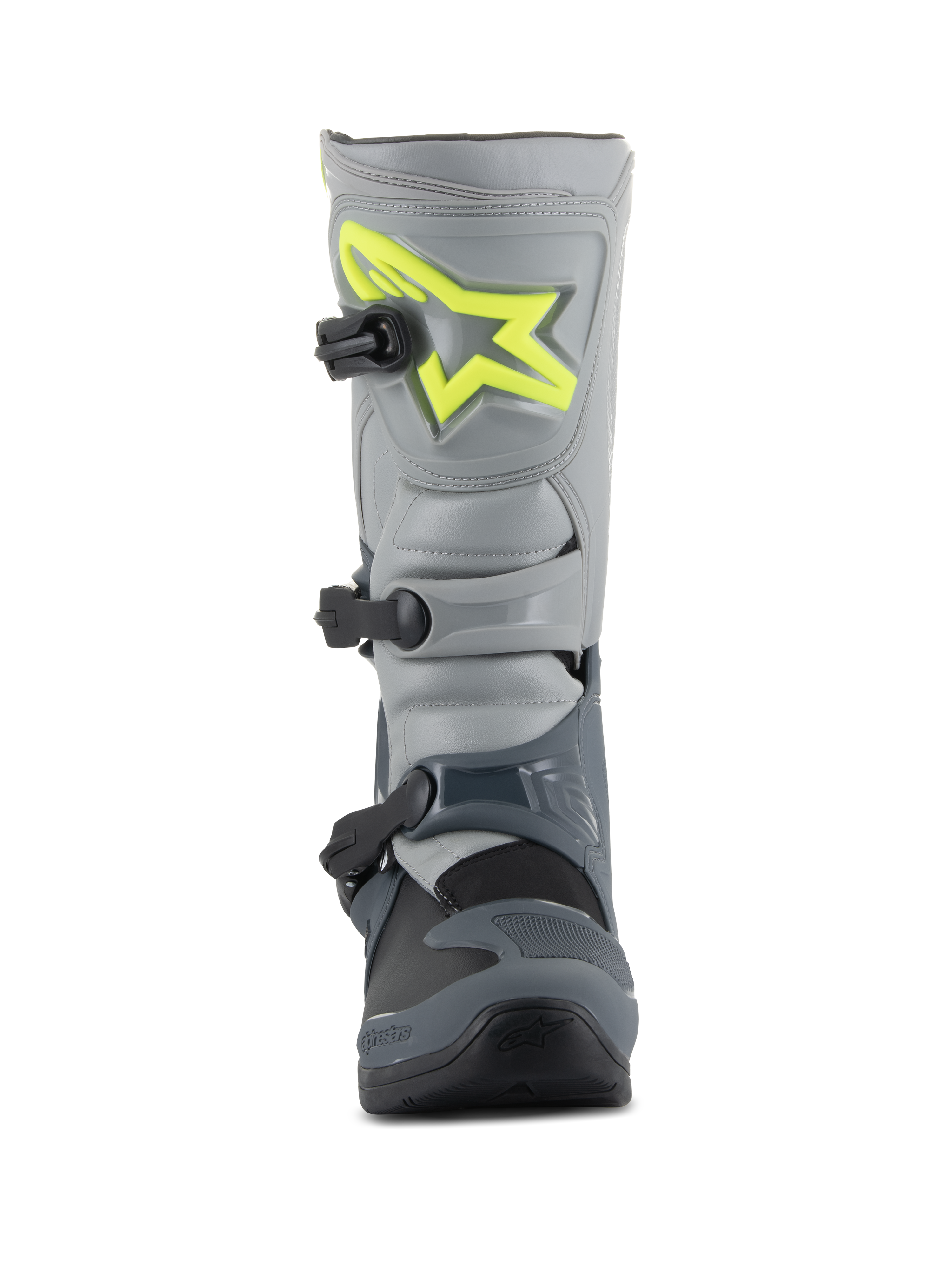 Alpinestars Tech 3 Boots, Motocross Boots, Dark Gray Light Gray and Black, front view featuring a bright yellow logo on the shin plate, three black polymer buckles, and a durable TPU shell for off-road racing
