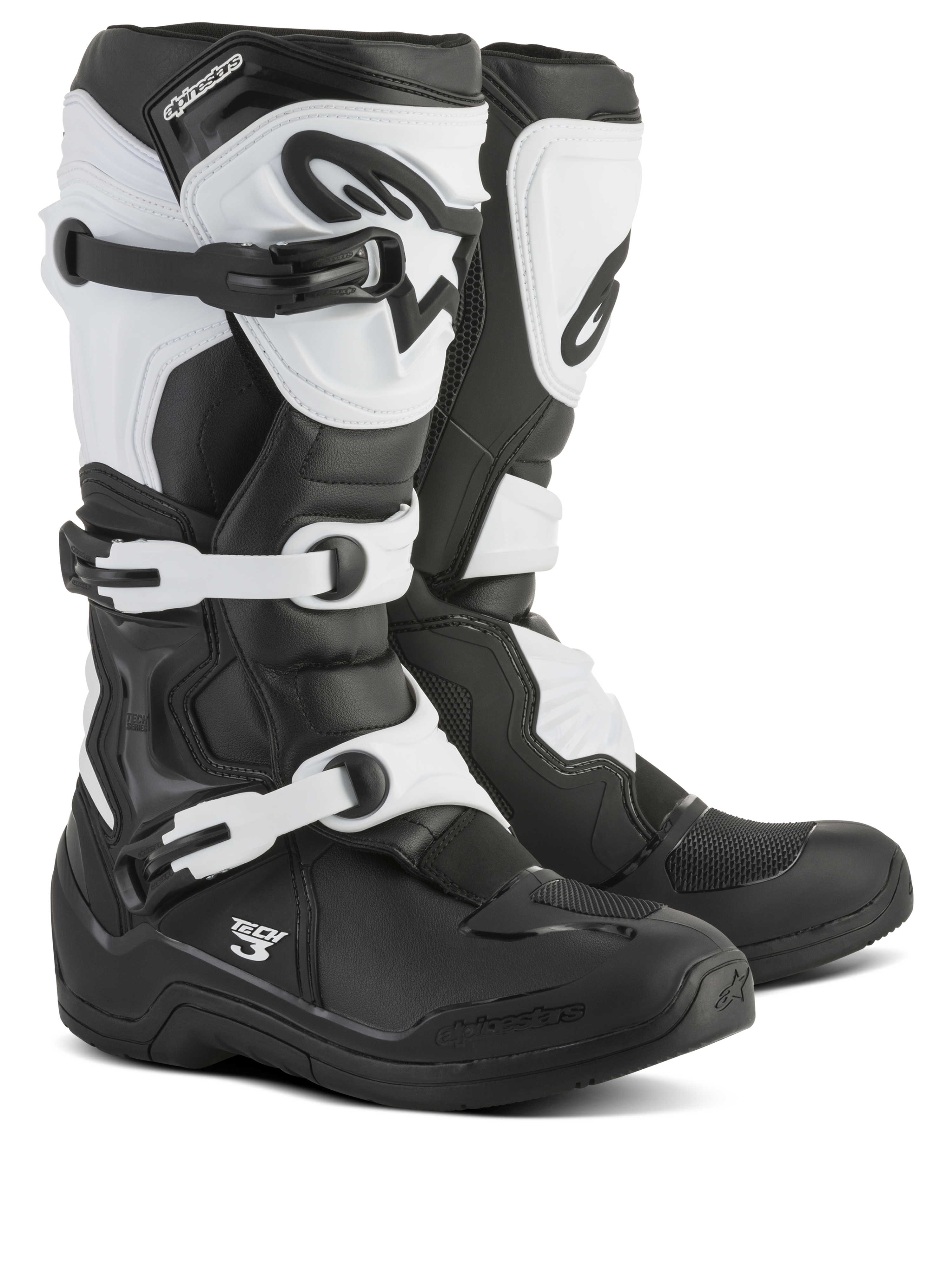 Alpinestars Tech 3 Boots, Motocross Boots, Black and White, featuring a triple buckle closure system, protective TPU shin plate and heel counter, durable microfiber and synthetic construction for off-road racing