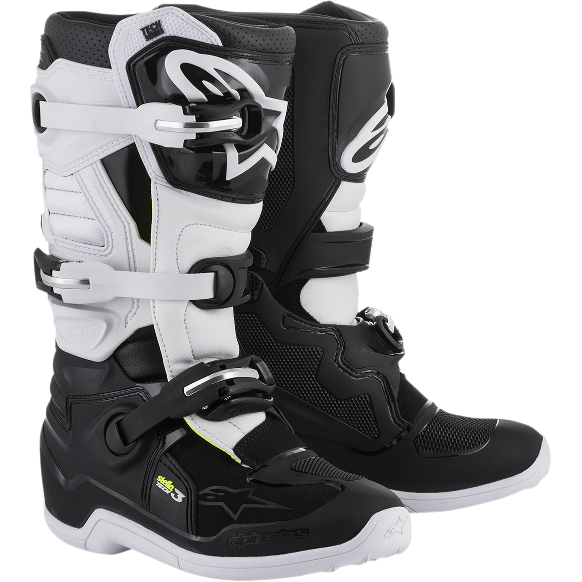 Damskie buty Alpinestars Stella Tech 3, buty motocrossowe off-road, czarno-białe, posiadają system zapięcia na trzy klamry, białe ochraniacze goleni z TPU z logo Alpinestars, cholewkę z czarnej mikrofibry z białymi panelami, białe podeszwy, ochronne obuwie wyczynowe dla motocyklistek
