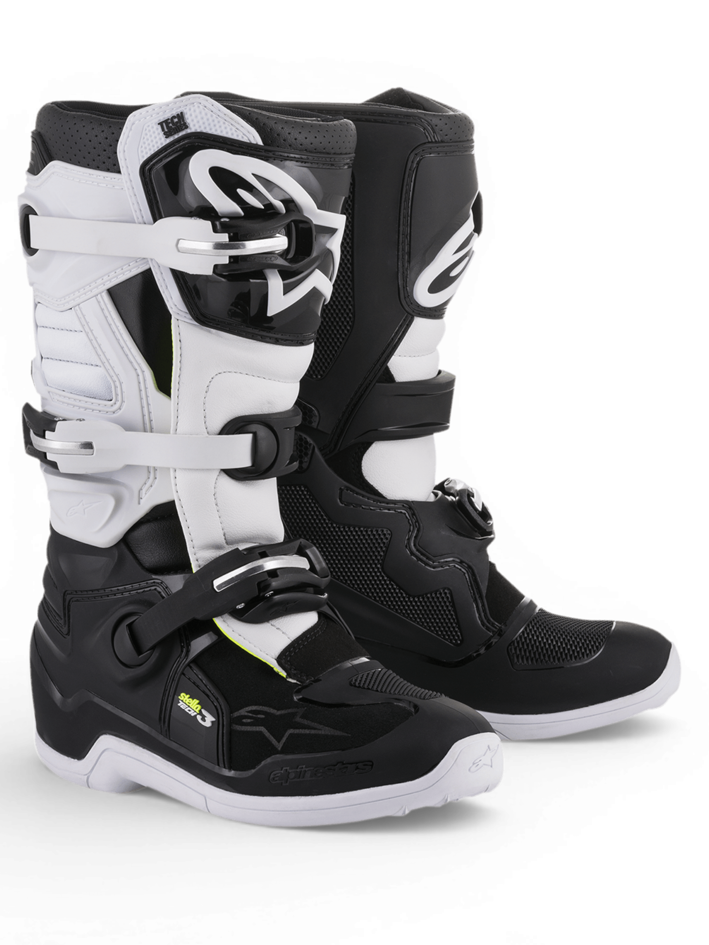 Alpinestars Stella Tech 3 Boots, women’s motocross boots in black and white with protective TPU panels and adjustable buckle closures
