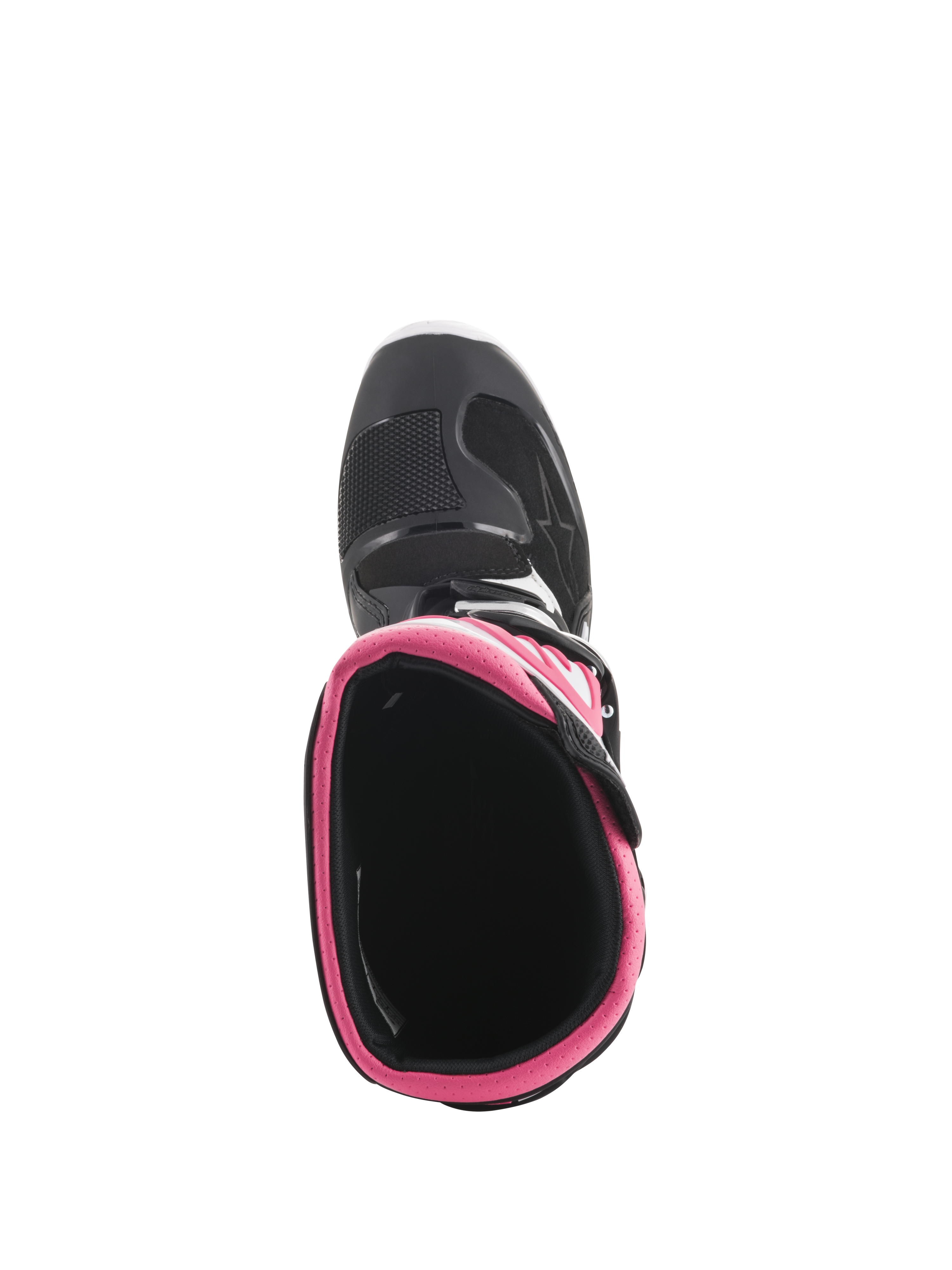 Alpinestars Women Stella Tech 3 Boots, Motocross Boots, Black White and Pink, top-down view showing pink interior collar and toe shell, durable footwear for off-road racing
