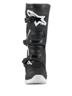 Alpinestars Tech 3 Enduro Waterproof Boots, Motocross and Enduro Boots, Black and White, frontal view featuring a large white star logo on the TPU shin plate, triple buckle closure system, and rugged white sole for off-road traction.