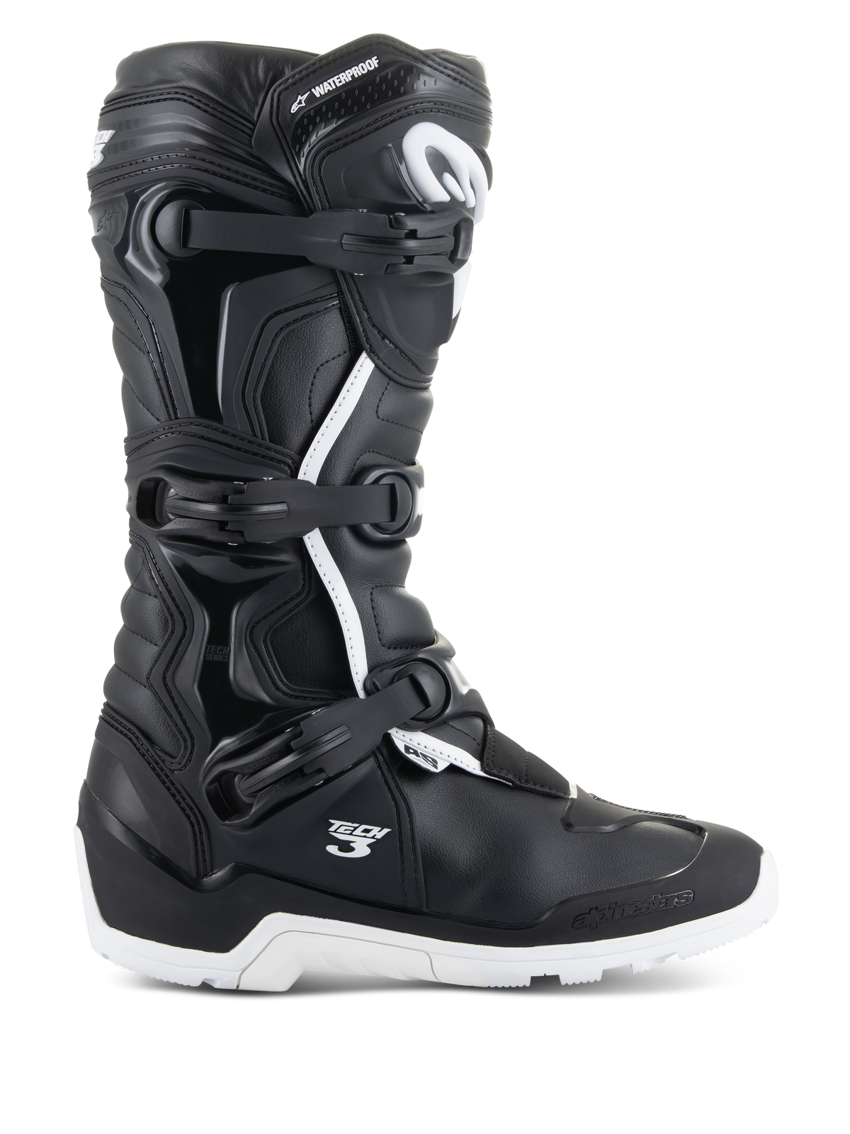 Alpinestars Tech 3 Enduro Waterproof Boots, widok z boku, czarno-białe, system zapięć na trzy klamry, wzmocnione panele ochronne TPU, biała podeszwa z bieżnikiem, oznaczenia „Tech 3” i „Waterproof”, trwałe obuwie motocyklowe terenowe i adventure