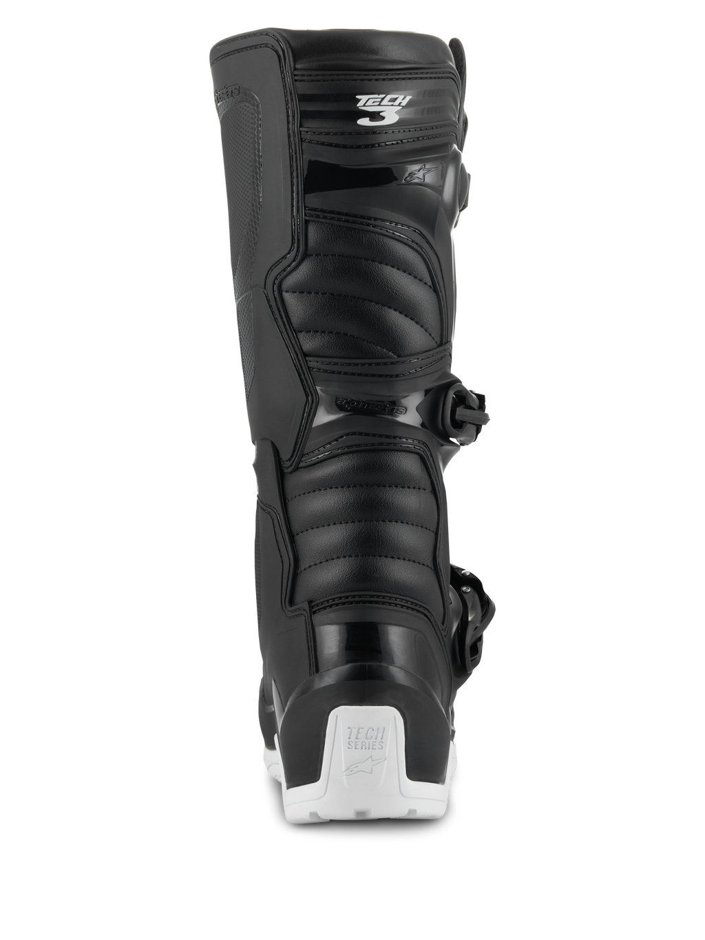 Alpinestars Tech 3 Enduro Waterproof Boots, Motocross and Enduro Boots, Black and White, rear view showing the Tech 3 logo on the calf, accordion-style flex panels, and a white heel protector with Tech Series branding, designed for off-road and adventure riding