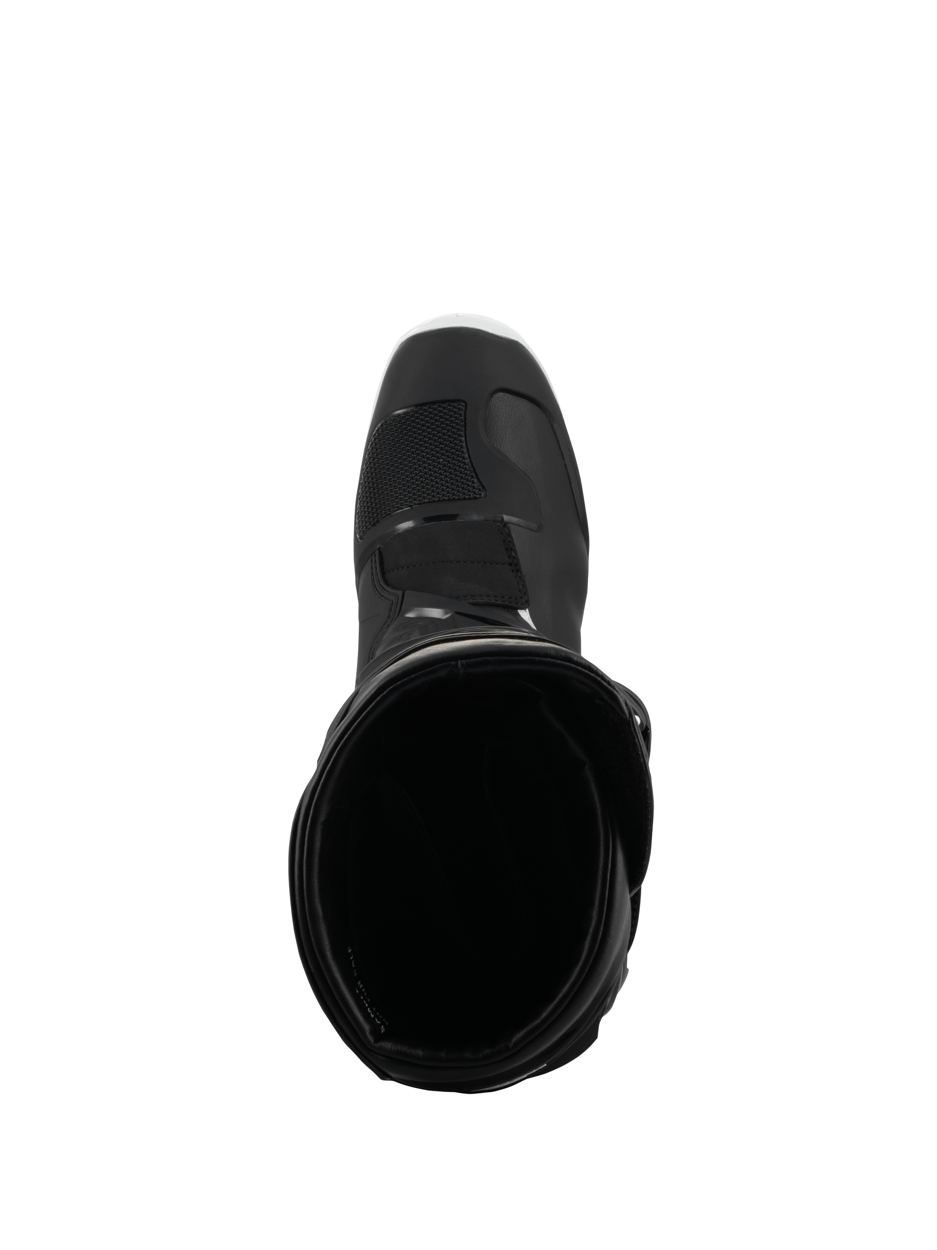 Alpinestars Tech 3 Enduro Waterproof Boots, Black and White, overhead view looking into the boot opening, showing the interior lining and reinforced toe box, designed for off-road and adventure riding.