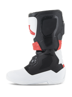 Alpinestars Youth Tech 3S Boots, Motocross Boots, White Black and Bright Red, side profile view, featuring durable TPU protective panels and microfiber upper, white sole and toe with black calf section and bright red accents, protective off-road footwear for young riders