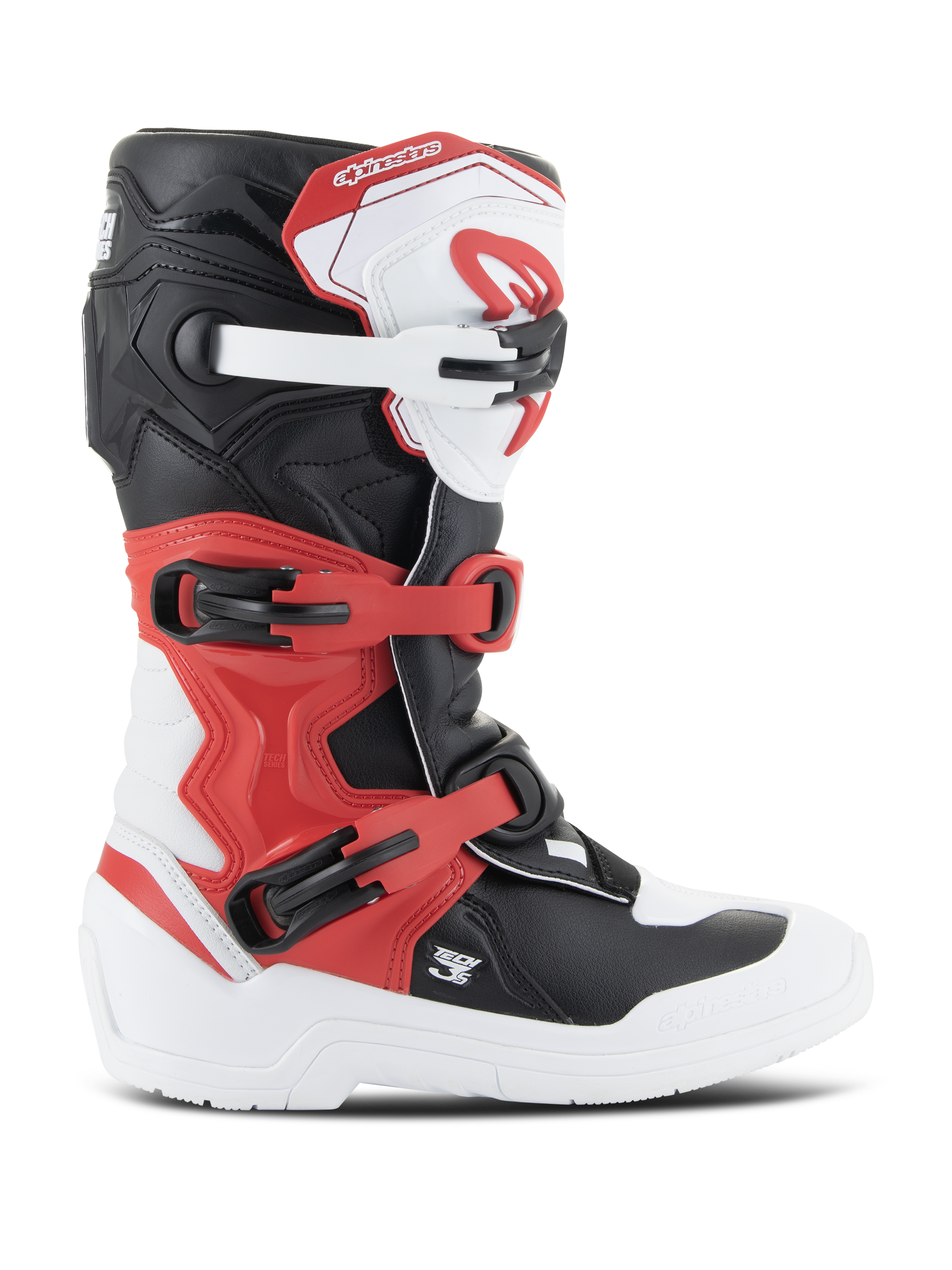 Alpinestars Youth Tech 3S Boots, buty motocrossowe, białe, czarne i jaskrawoczerwone, widok z profilu, system zapięć na klamry, wzmocniona płyta na piszczel, wytrzymała biała podeszwa, młodzieżowy sprzęt ochronny off-road