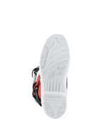 Alpinestars Youth Tech 3S Boots, Motocross Boots, White Black and Bright Red, sole view showing white textured tread with molded Alpinestars logo and branding, durable sole for off-road performance
