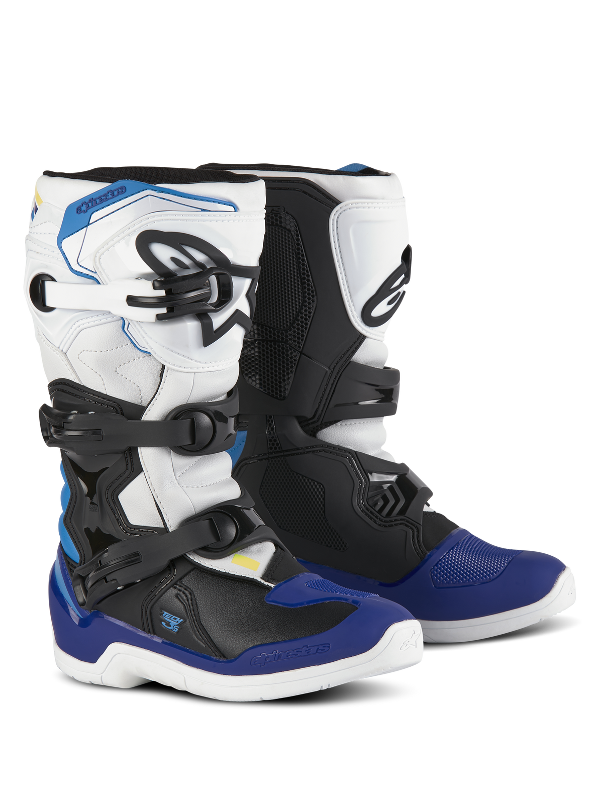 Alpinestars Youth Tech 3S Boots, buty motocrossowe, biało-czarno-niebieskie (Enamel Blue), wyposażone w system zapięć na wiele klamer, teksturowane strefy przyczepności i białe podeszwy, wytrzymałe ochronne buty motocyklowe dla młodych motocyklistów