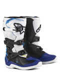 Alpinestars Youth Tech 3S Boots, buty motocrossowe, biało-czarno-niebieskie (Enamel Blue), wyposażone w system zapięć na wiele klamer, teksturowane strefy przyczepności i białe podeszwy, wytrzymałe ochronne buty motocyklowe dla młodych motocyklistów