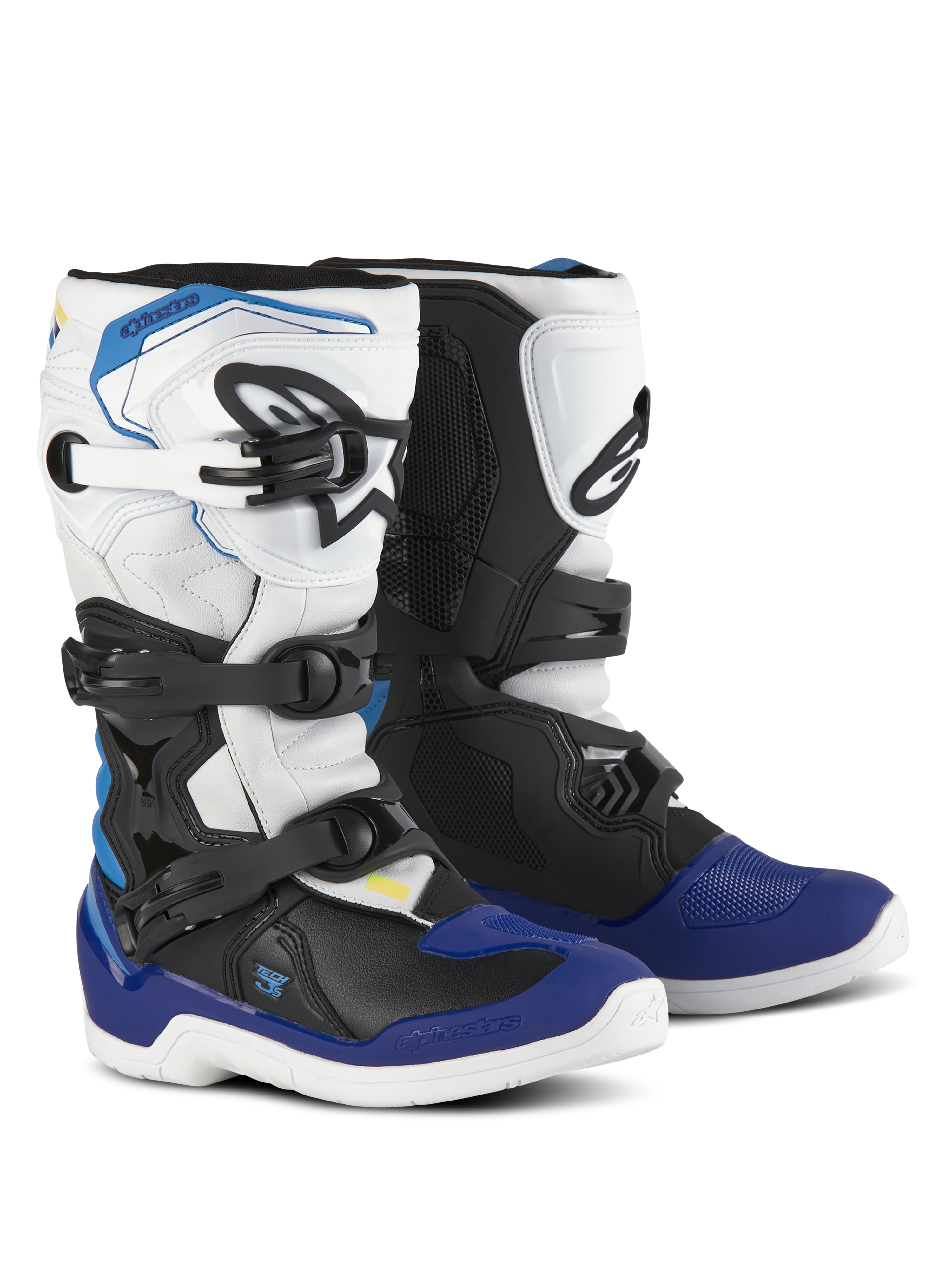 Alpinestars Youth Tech 3S Boots, buty motocrossowe, biało-czarno-niebieskie (Enamel Blue), wyposażone w system zapięć na wiele klamer, teksturowane strefy przyczepności i białe podeszwy, wytrzymałe ochronne buty motocyklowe dla młodych motocyklistów