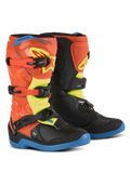 Buty Alpinestars Youth Tech 3S, buty motocrossowe dla dzieci, fluorescencyjny pomarańczowy, błękit Enamel Blue i fluorescencyjny żółty, niebieskie podeszwy, system zapięcia na trzy klamry, ochronne płyty goleniowe z TPU, odzież do jazdy terenowej