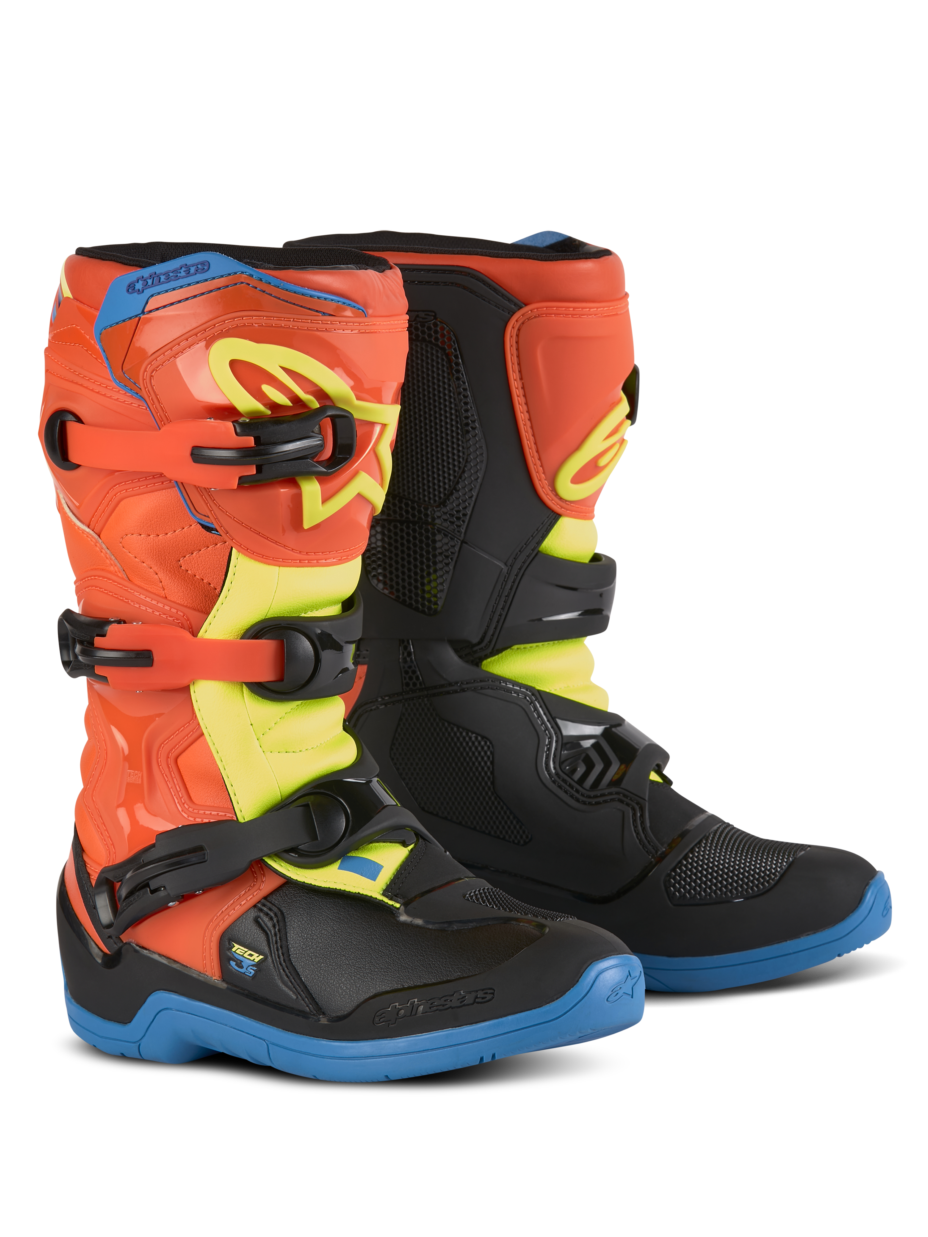 Buty Alpinestars Youth Tech 3S, buty motocrossowe dla dzieci, fluorescencyjny pomarańczowy, błękit Enamel Blue i fluorescencyjny żółty, niebieskie podeszwy, system zapięcia na trzy klamry, ochronne płyty goleniowe z TPU, odzież do jazdy terenowej