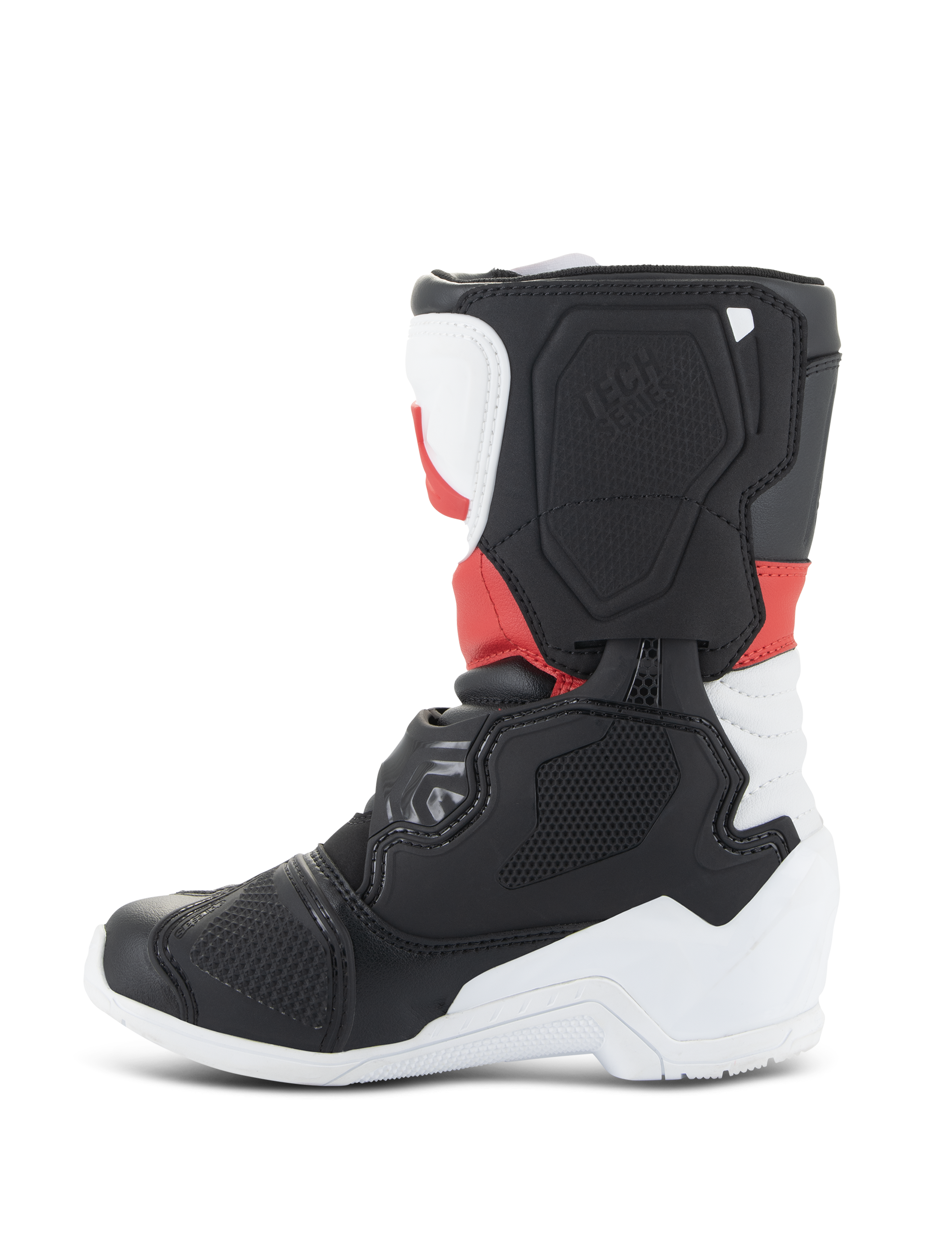 Alpinestars Kids Tech 3S Boots, Motocross Boots, White Black and Bright Red, side profile view featuring protective TPU panels, reinforced toe and heel, and textured lateral blade design for off-road racing.