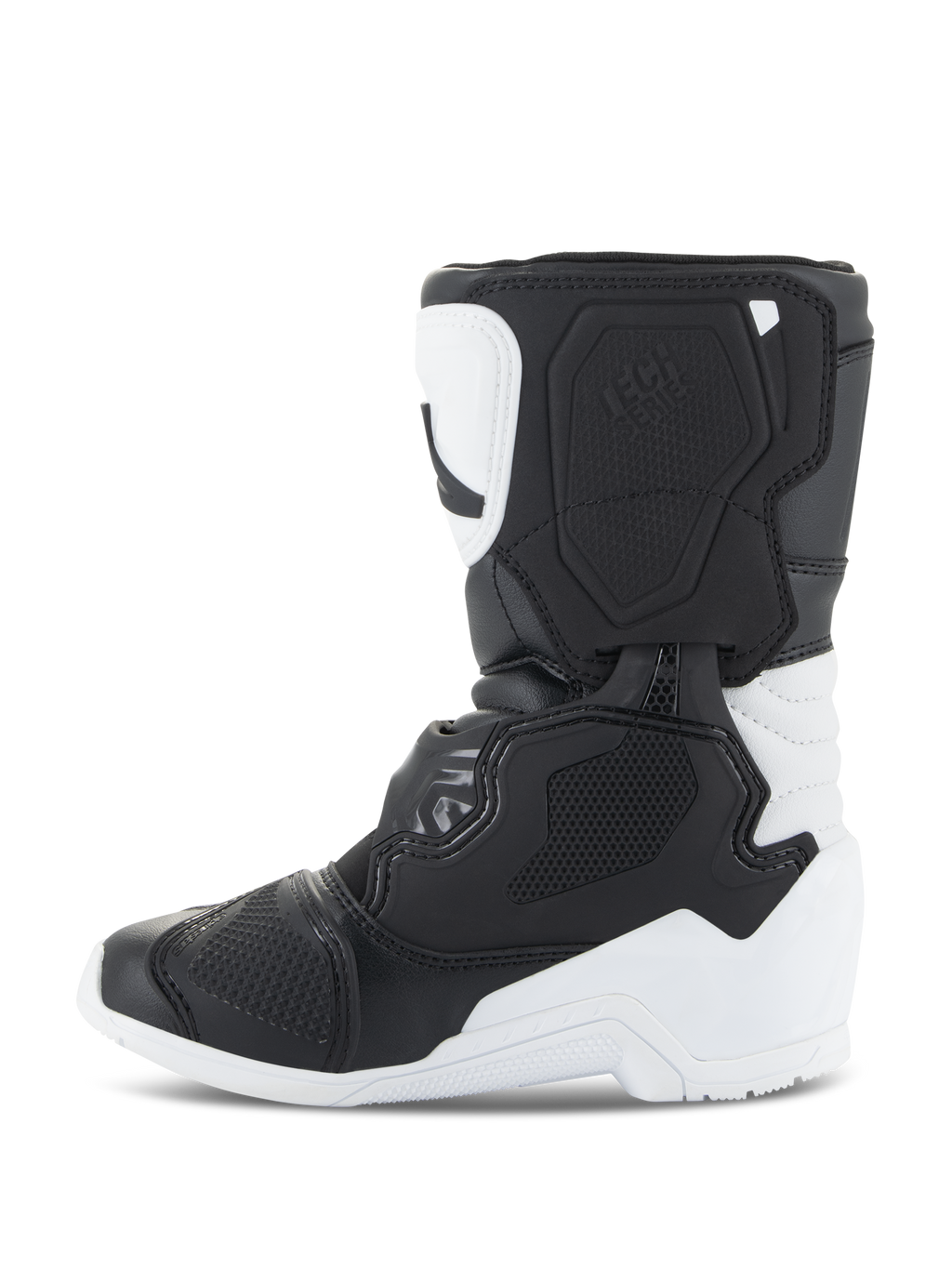 Buty Alpinestars Kids Tech 3S, buty motocrossowe, biało-czarne, widok z boku prezentujący ochronne płyty TPU, solidna konstrukcja z mikrofibry i wielopanelowy design dla młodych motocyklistów.