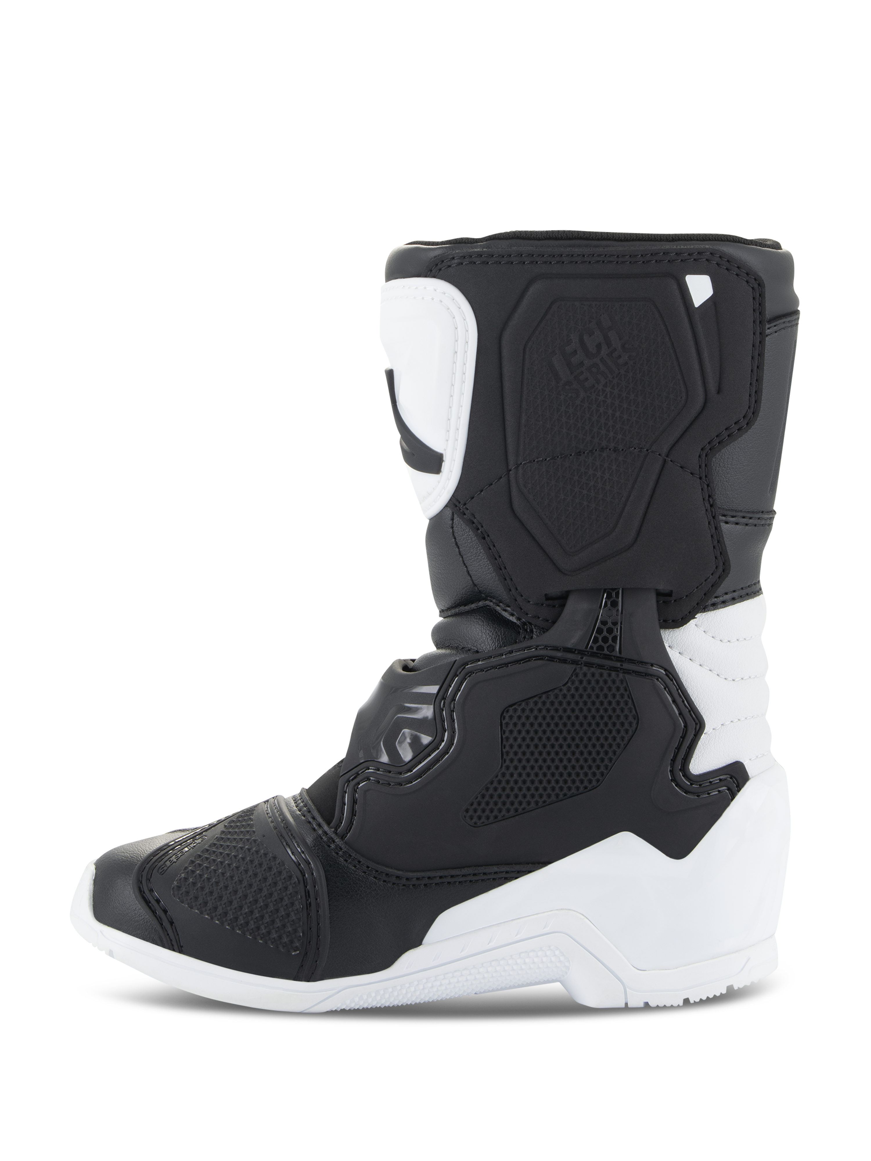Buty Alpinestars Kids Tech 3S, buty motocrossowe, biało-czarne, widok z boku prezentujący ochronne płyty TPU, solidna konstrukcja z mikrofibry i wielopanelowy design dla młodych motocyklistów.