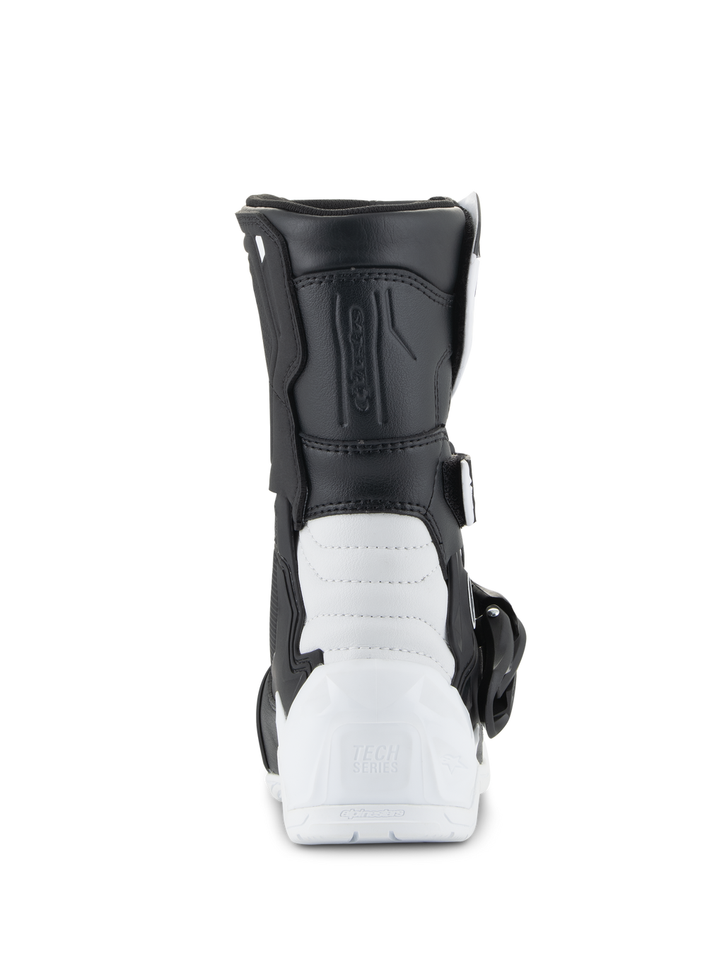 Buty dziecięce Alpinestars Tech 3S, buty motocrossowe, biało-czarne, widok z tyłu przedstawiający wzmocnioną piętę z TPU z brandingiem Tech Series, czarna syntetyczna cholewka i biała dolna konstrukcja skorupy, ochronne obuwie terenowe dla dzieci