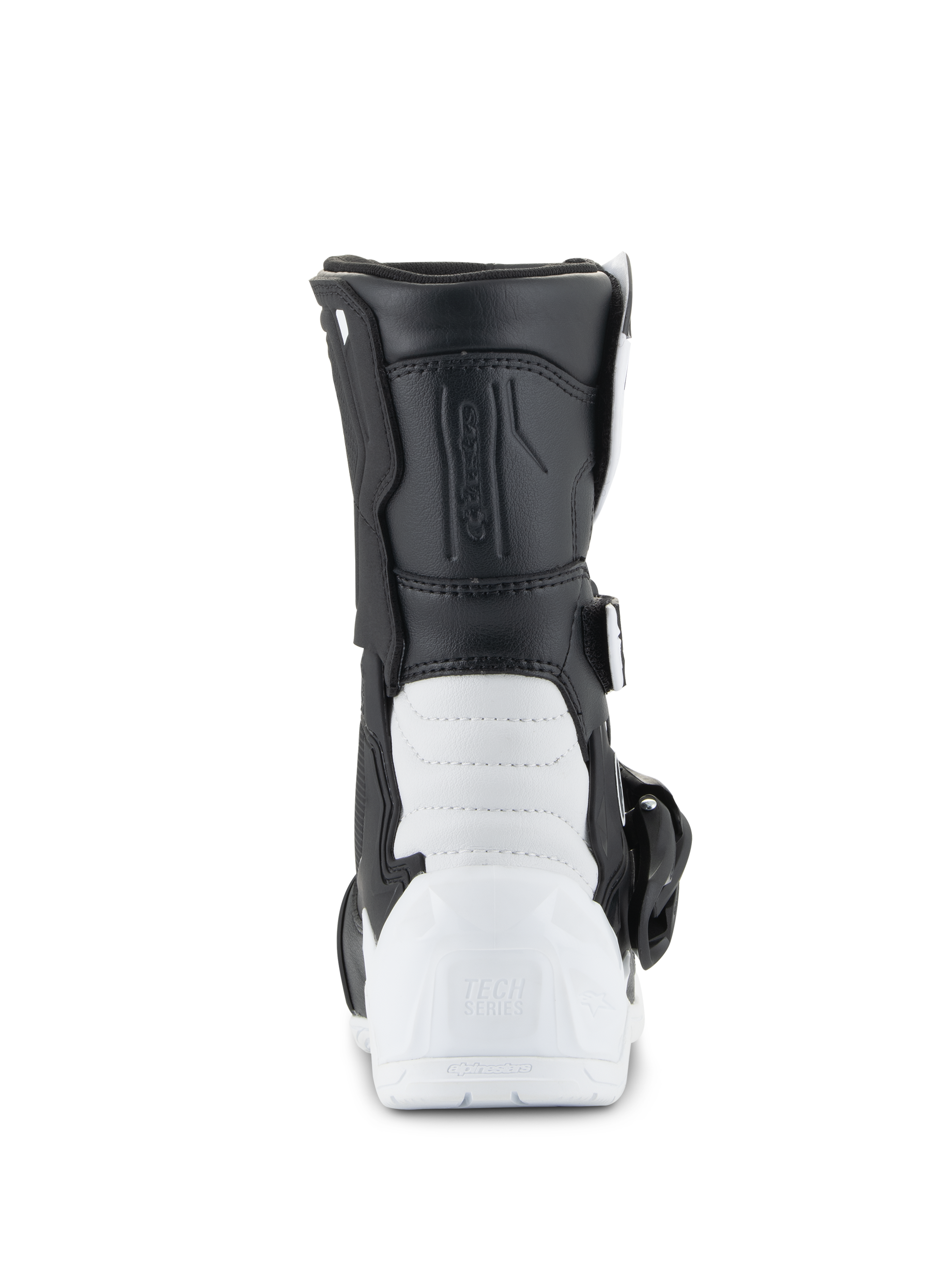 Buty dziecięce Alpinestars Tech 3S, buty motocrossowe, biało-czarne, widok z tyłu przedstawiający wzmocnioną piętę z TPU z brandingiem Tech Series, czarna syntetyczna cholewka i biała dolna konstrukcja skorupy, ochronne obuwie terenowe dla dzieci