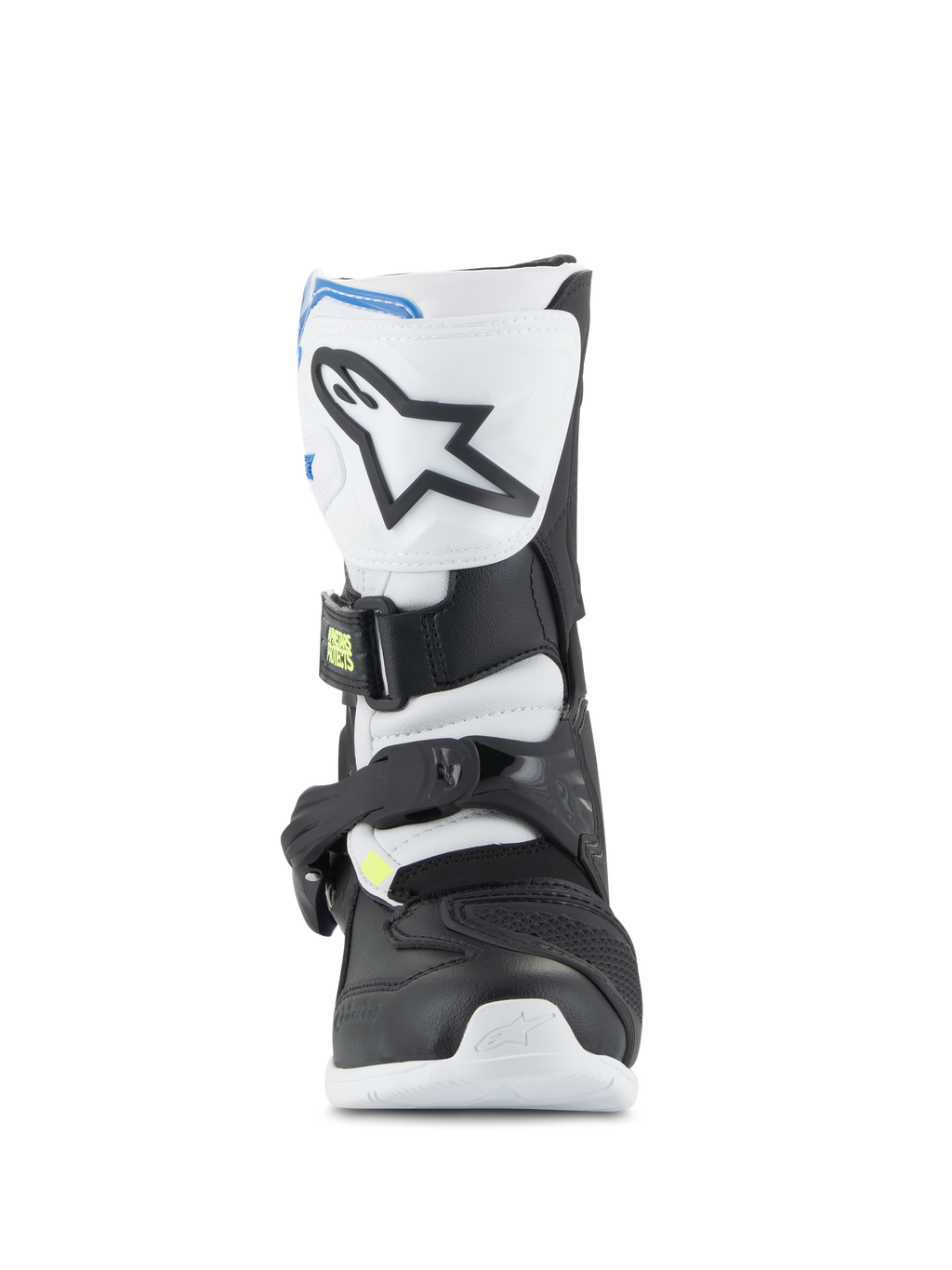 Buty Alpinestars Kids Tech 3S, młodzieżowe buty motocrossowe, białe, czarne i niebieskie, widok z przodu pokazujący płytę goleniową TPU z logo gwiazdy, czarne i białe panele oraz system bezpiecznego zapięcia na klamry
