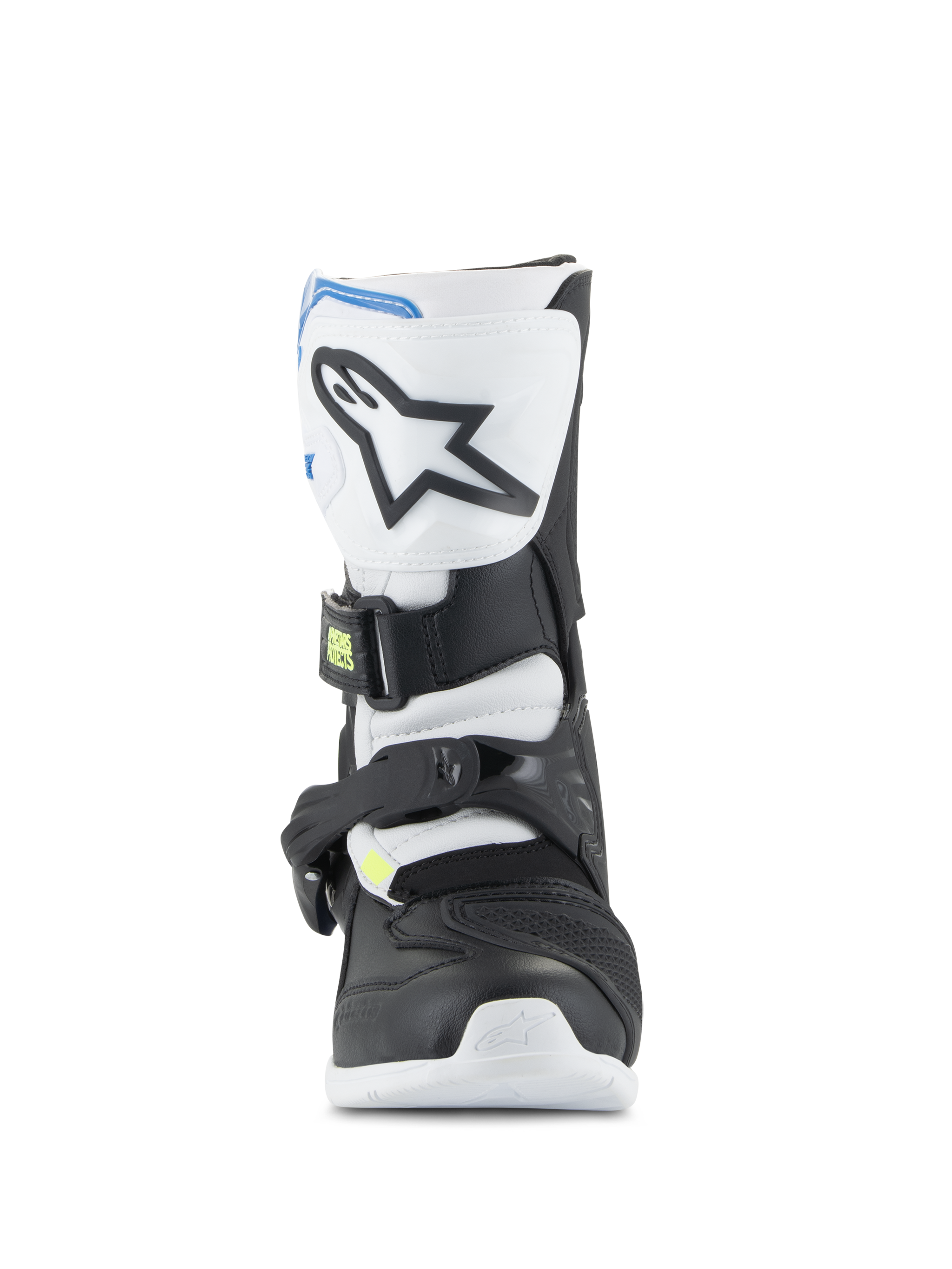 Buty Alpinestars Kids Tech 3S, młodzieżowe buty motocrossowe, białe, czarne i niebieskie, widok z przodu pokazujący płytę goleniową TPU z logo gwiazdy, czarne i białe panele oraz system bezpiecznego zapięcia na klamry