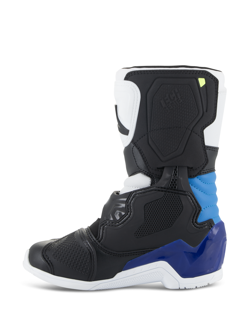 Buty Alpinestars Kids Tech 3S, buty motocrossowe, biało-czarno-niebieskie, profil boczny z czarnymi i białymi panelami oraz intensywnie niebieskimi akcentami na pięcie i kostce, biała podeszwa, strukturalna skorupa ochronna do wyścigów terenowych