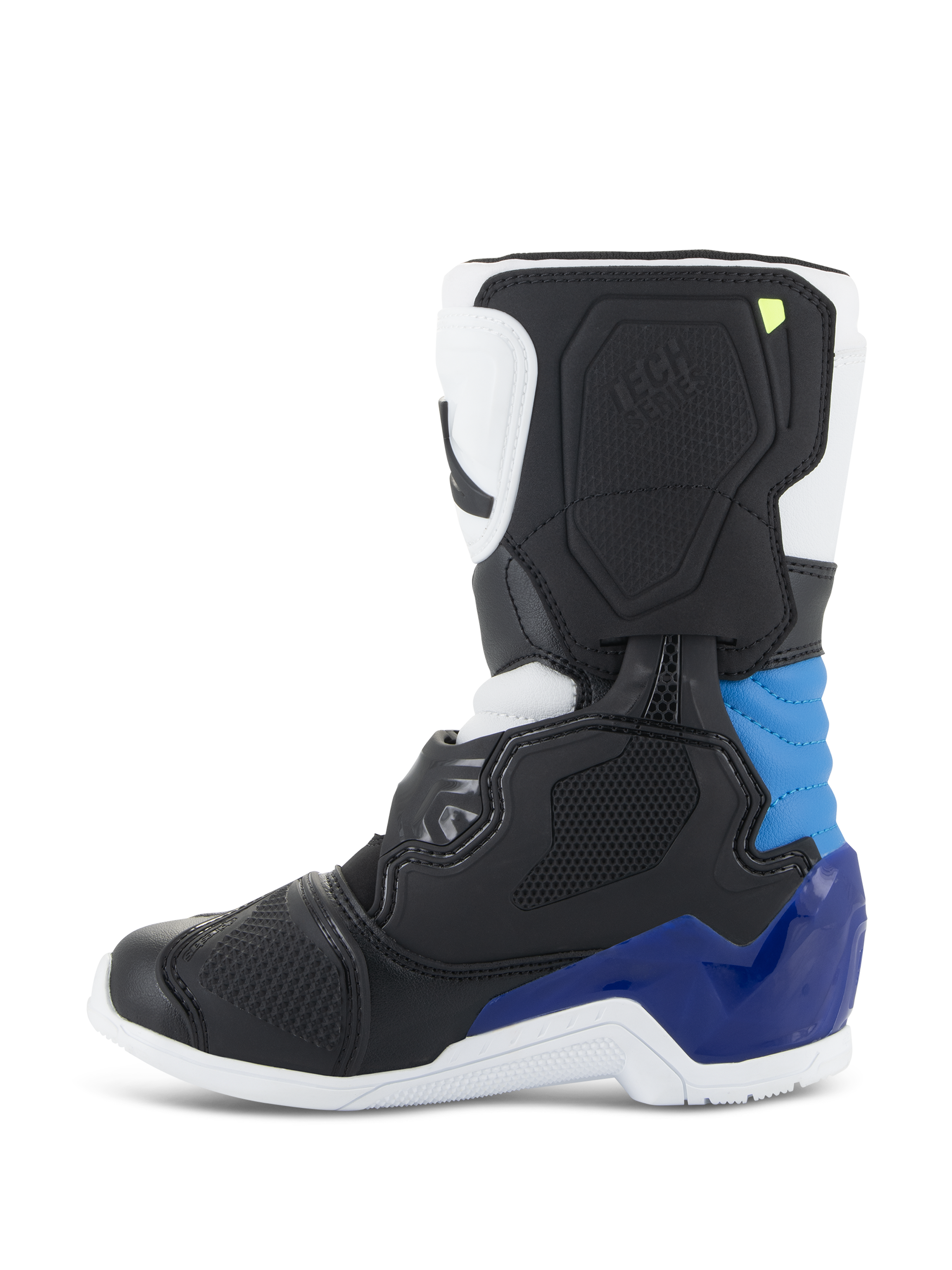 Buty Alpinestars Kids Tech 3S, buty motocrossowe, biało-czarno-niebieskie, profil boczny z czarnymi i białymi panelami oraz intensywnie niebieskimi akcentami na pięcie i kostce, biała podeszwa, strukturalna skorupa ochronna do wyścigów terenowych