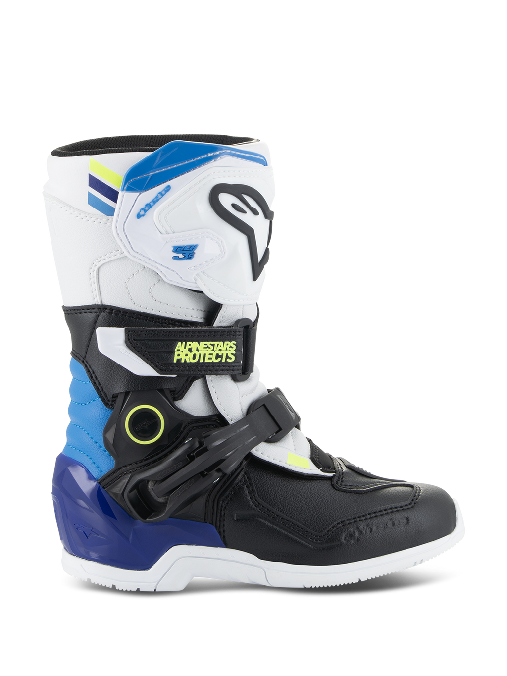 Alpinestars Kids Tech 3S Boots, dziecięce buty motocrossowe, biało-czarne z niebieskimi i żółtymi akcentami, widok z boku pokazujący ochronne paski z klamrami i wytrzymałą podeszwę, obuwie do jazdy terenowej