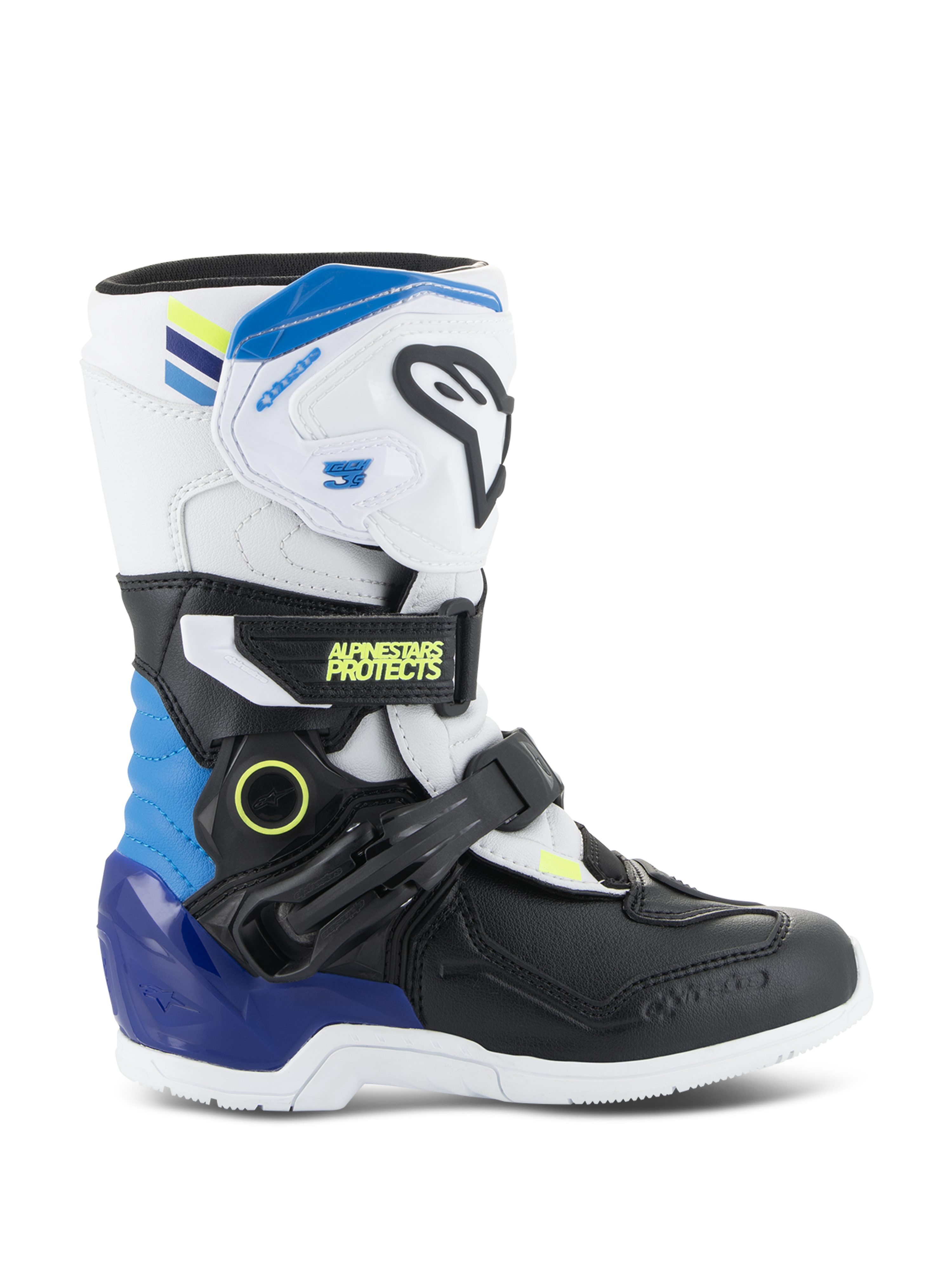 Alpinestars Kids Tech 3S Boots, dziecięce buty motocrossowe, biało-czarne z niebieskimi i żółtymi akcentami, widok z boku pokazujący ochronne paski z klamrami i wytrzymałą podeszwę, obuwie do jazdy terenowej
