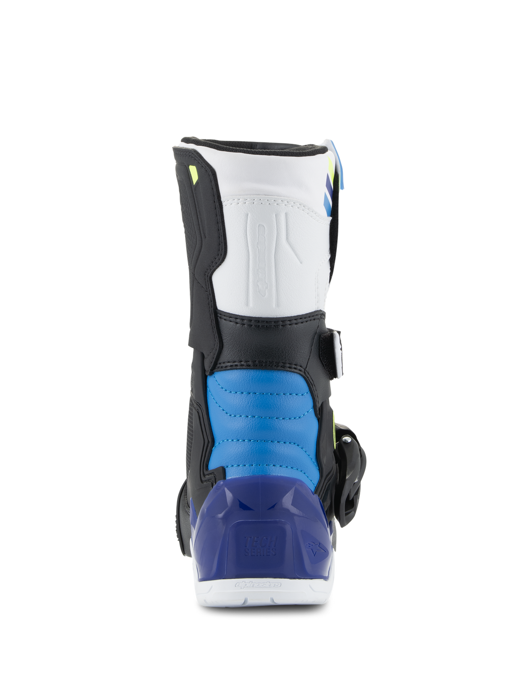Buty Alpinestars Kids Tech 3S, buty motocrossowe, biało-czarno-niebieskie, widok z tyłu z niebieską wyściełaną sekcją pięty i półprzezroczystym niebieskim ochraniaczem pięty, wytrzymałe terenowe obuwie ochronne dla dzieci