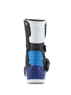 Buty Alpinestars Kids Tech 3S, buty motocrossowe, biało-czarno-niebieskie, widok z tyłu z niebieską wyściełaną sekcją pięty i półprzezroczystym niebieskim ochraniaczem pięty, wytrzymałe terenowe obuwie ochronne dla dzieci