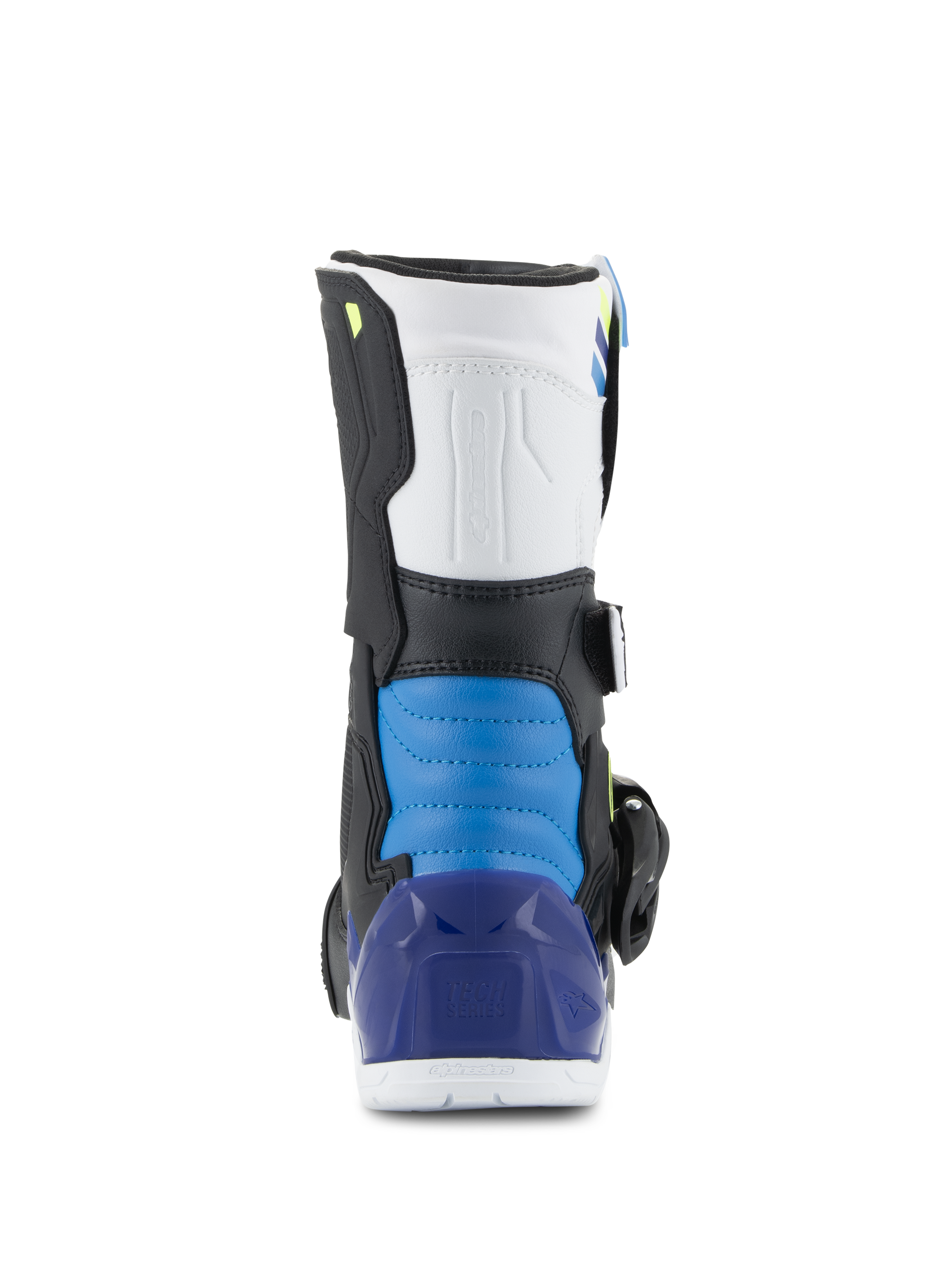 Buty Alpinestars Kids Tech 3S, buty motocrossowe, biało-czarno-niebieskie, widok z tyłu z niebieską wyściełaną sekcją pięty i półprzezroczystym niebieskim ochraniaczem pięty, wytrzymałe terenowe obuwie ochronne dla dzieci