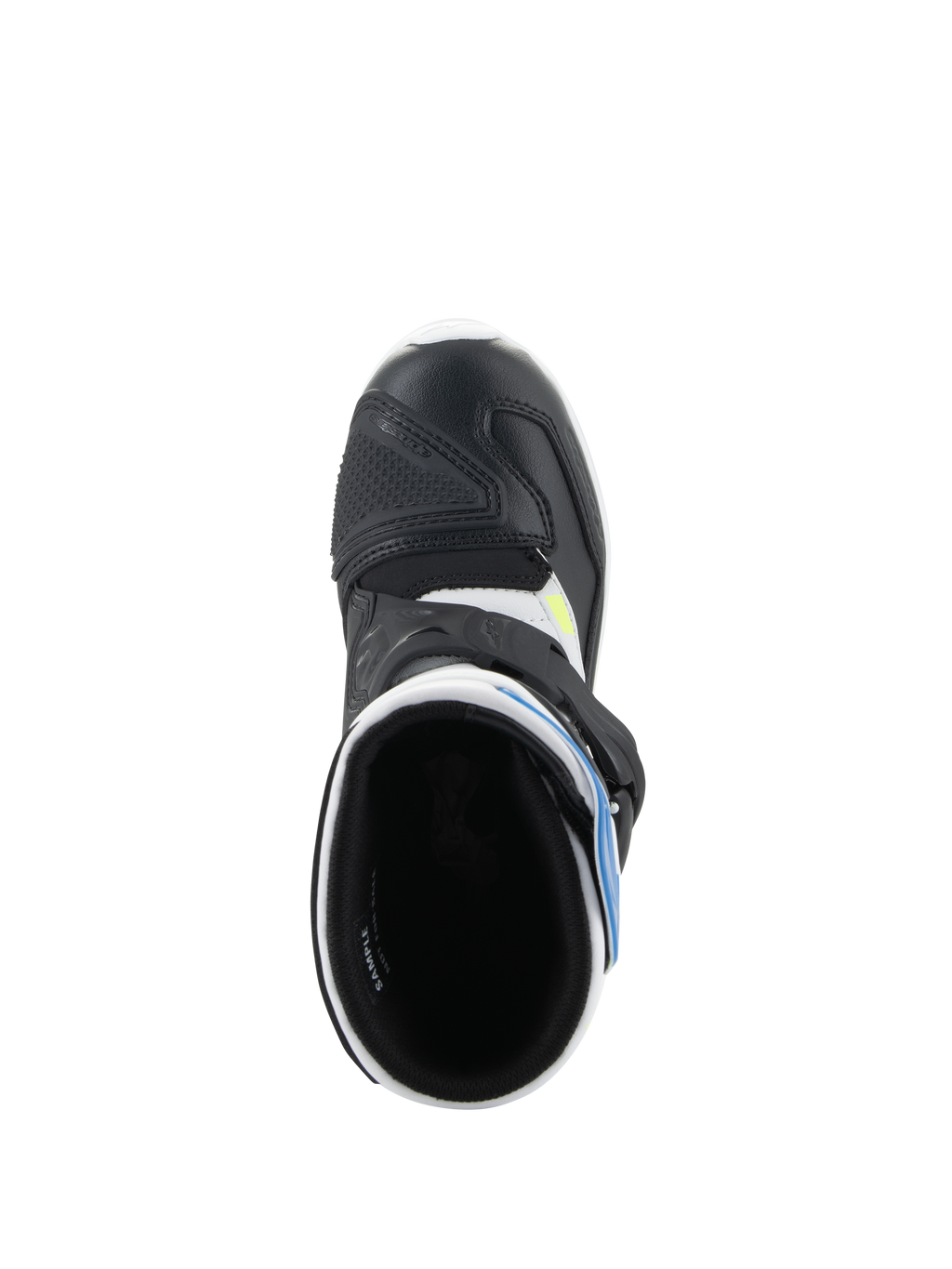 Buty dziecięce Alpinestars Tech 3S, buty motocrossowe, białe, czarne i niebieskie, widok z góry pokazujący wnętrze buta, czarny nosek z mikrofibry z ochronnym wzmocnieniem, niebieskie akcenty, obuwie do jazdy terenowej