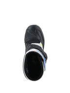 Buty dziecięce Alpinestars Tech 3S, buty motocrossowe, białe, czarne i niebieskie, widok z góry pokazujący wnętrze buta, czarny nosek z mikrofibry z ochronnym wzmocnieniem, niebieskie akcenty, obuwie do jazdy terenowej