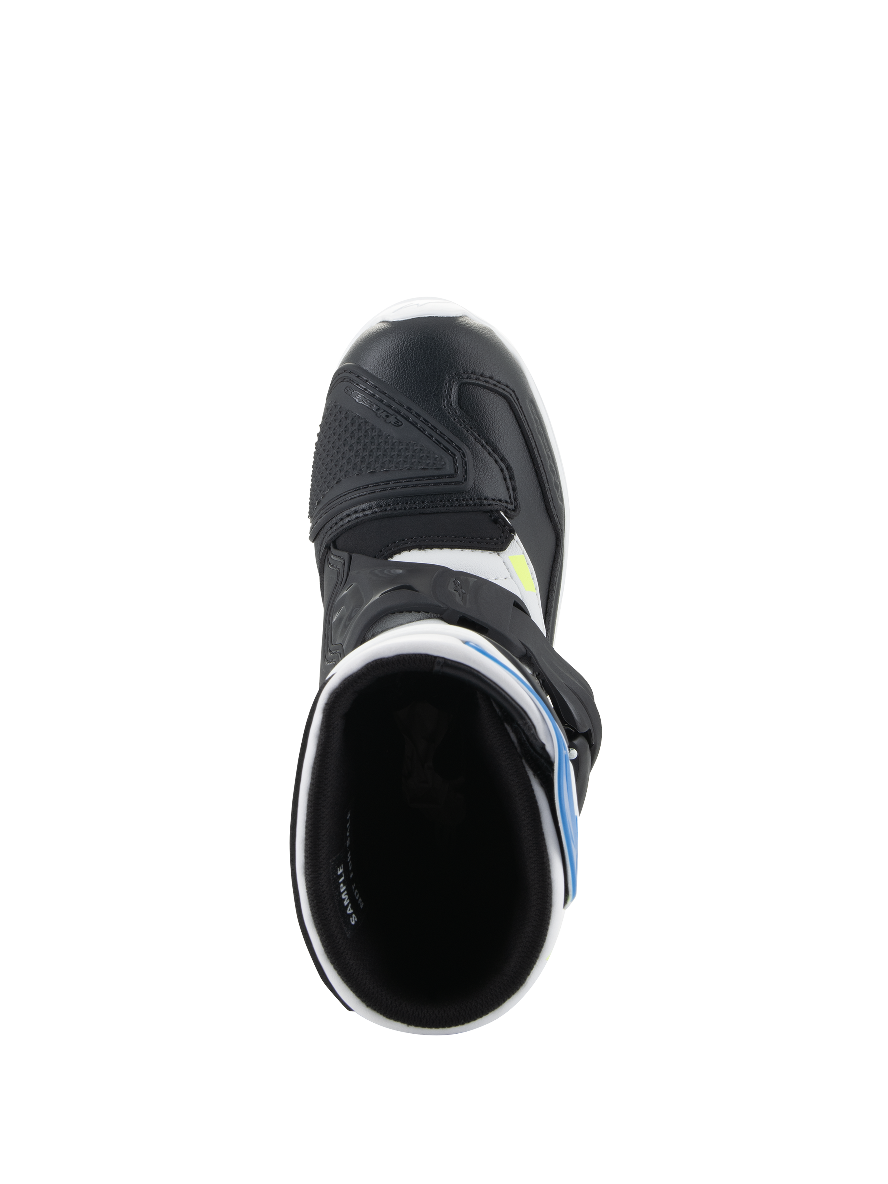 Buty dziecięce Alpinestars Tech 3S, buty motocrossowe, białe, czarne i niebieskie, widok z góry pokazujący wnętrze buta, czarny nosek z mikrofibry z ochronnym wzmocnieniem, niebieskie akcenty, obuwie do jazdy terenowej