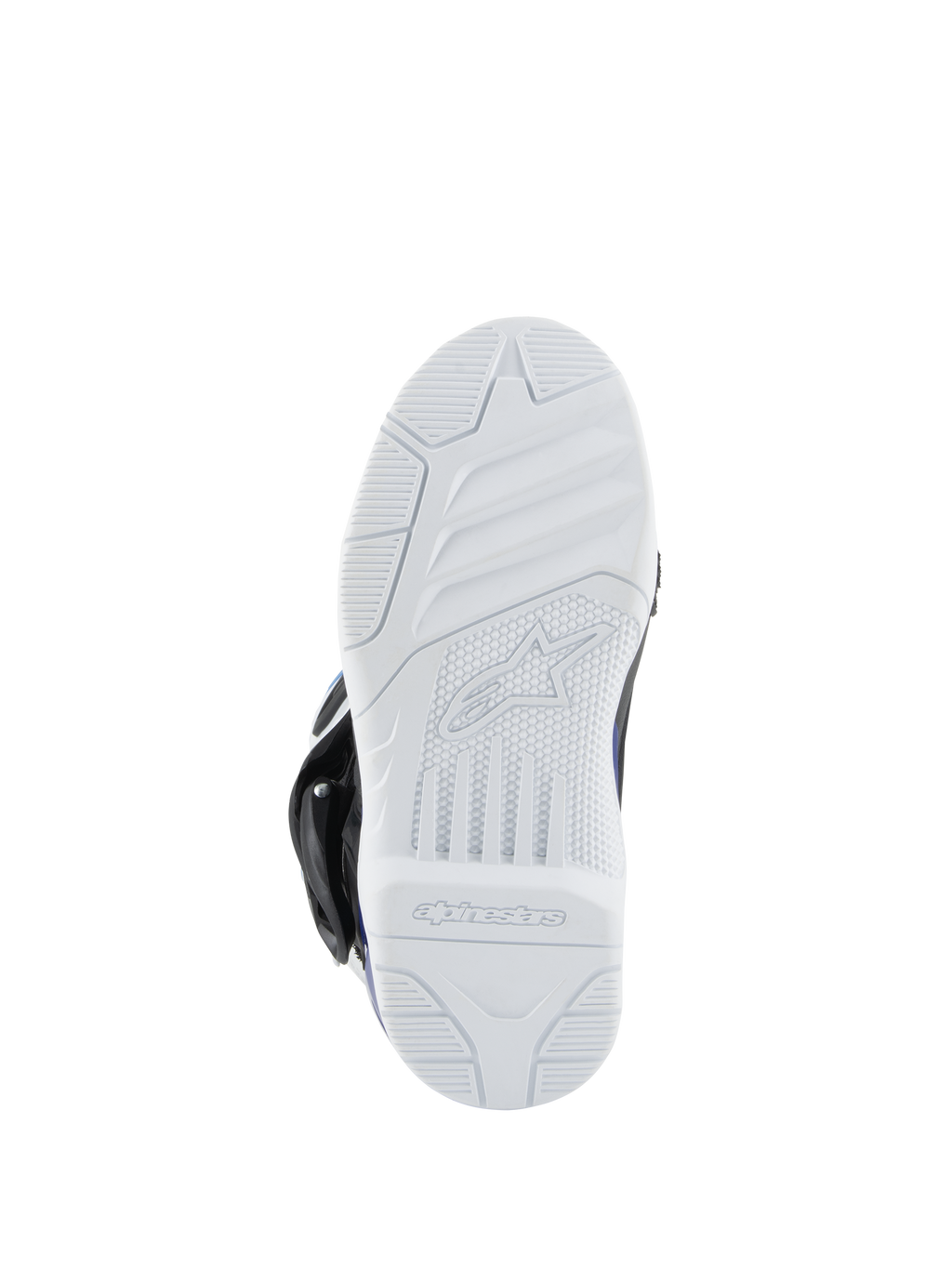 Alpinestars Kids Tech 3S Boots, buty motocrossowe, biała gumowa podeszwa zewnętrzna, teksturowany bieżnik zapewniający przyczepność w terenie, logo i napis Alpinestars na spodzie