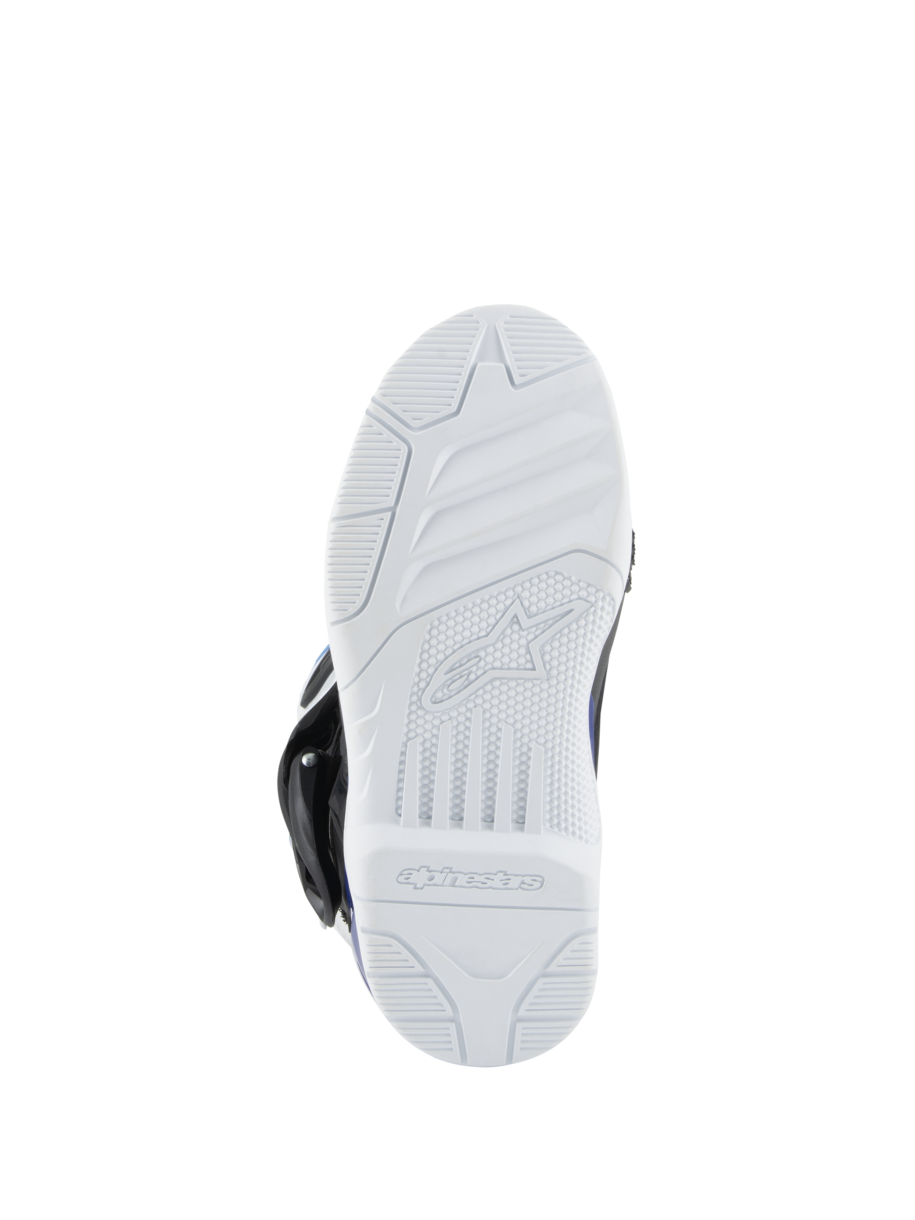 Alpinestars Kids Tech 3S Boots, buty motocrossowe, biała gumowa podeszwa zewnętrzna, teksturowany bieżnik zapewniający przyczepność w terenie, logo i napis Alpinestars na spodzie