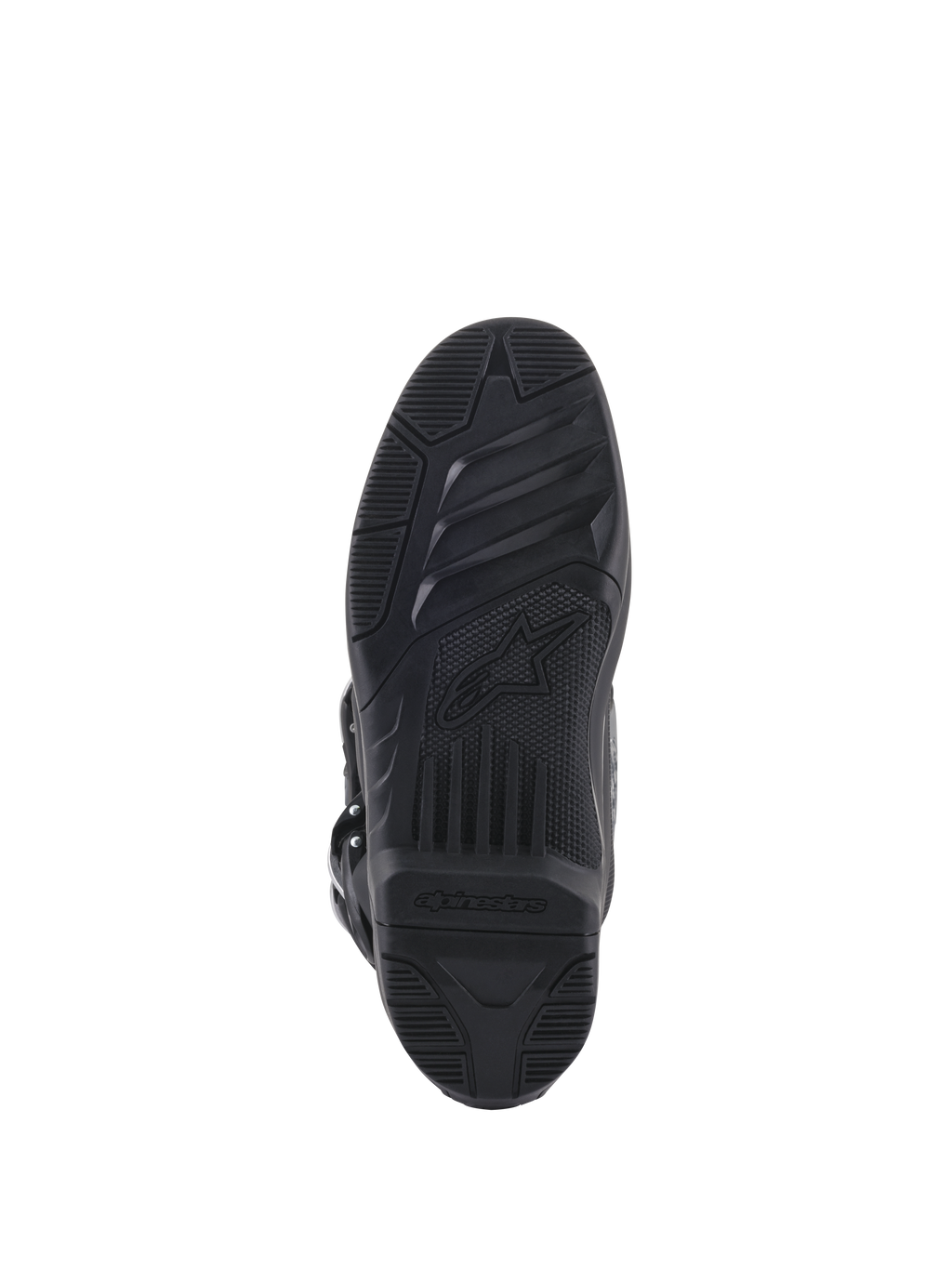 Alpinestars Tech 5 Boots, Motocross Outsole, Black, Dual-Compound Replaceable Sole with High-Grip Texture and Brand Logo.