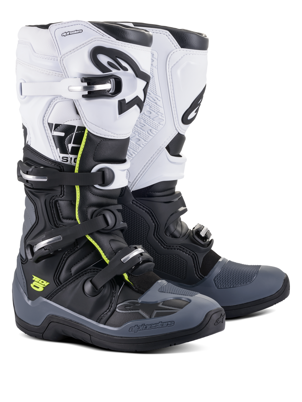 Alpinestars Tech 5 Boots, Motocross and Off-Road Boots, Black Dark Gray and White, featuring neon yellow accents, four-buckle closure system, white upper panel with black Astars logo, dark gray toe and heel protection, and durable microfiber construction