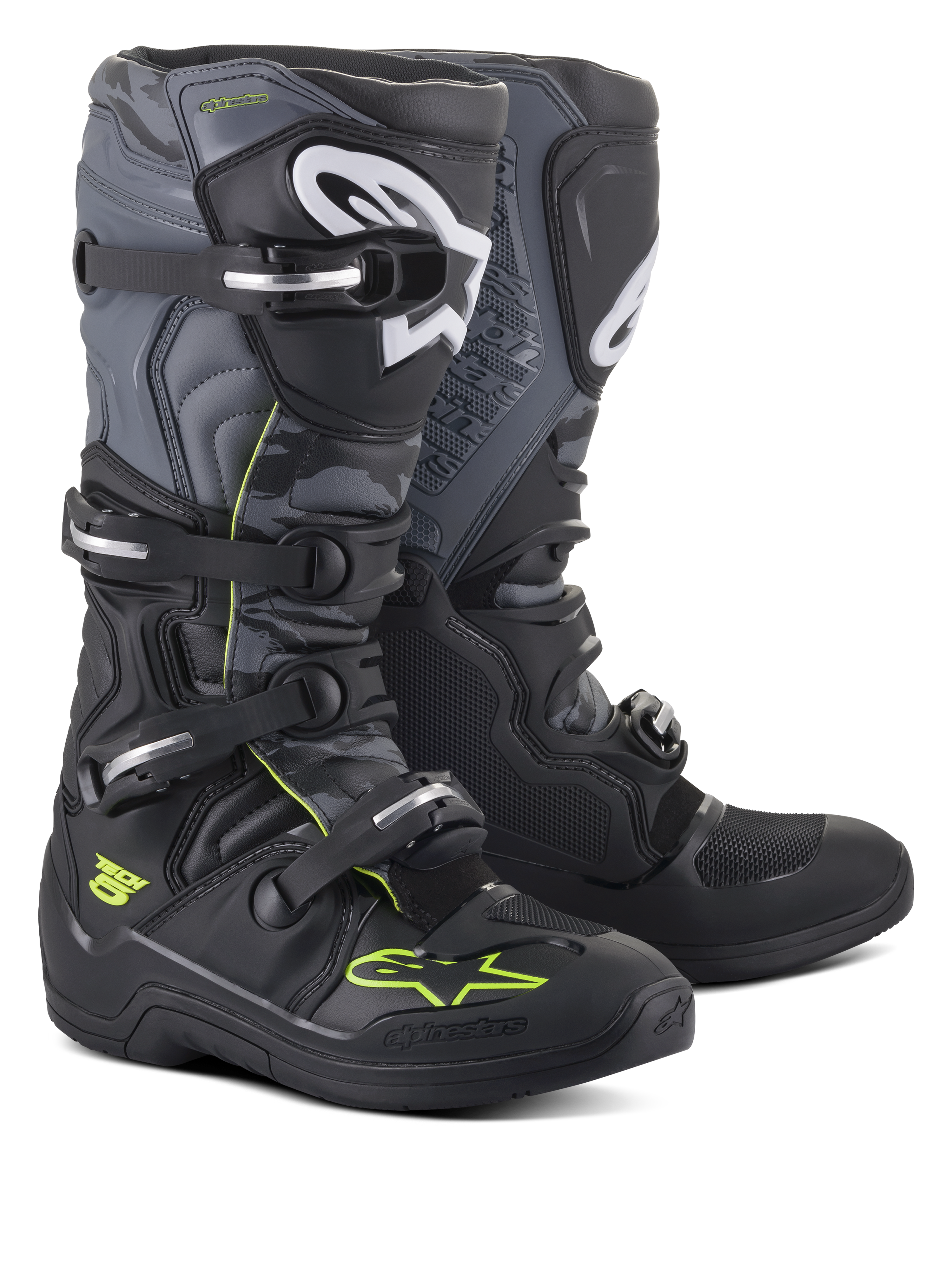 Alpinestars Tech 5 Boots, Motocross and Off-Road Boots, Black Cool Gray and Yellow Fluo, featuring a four-buckle closure system, white shin logos, and neon yellow accents, durable microfiber construction for off-road performance.