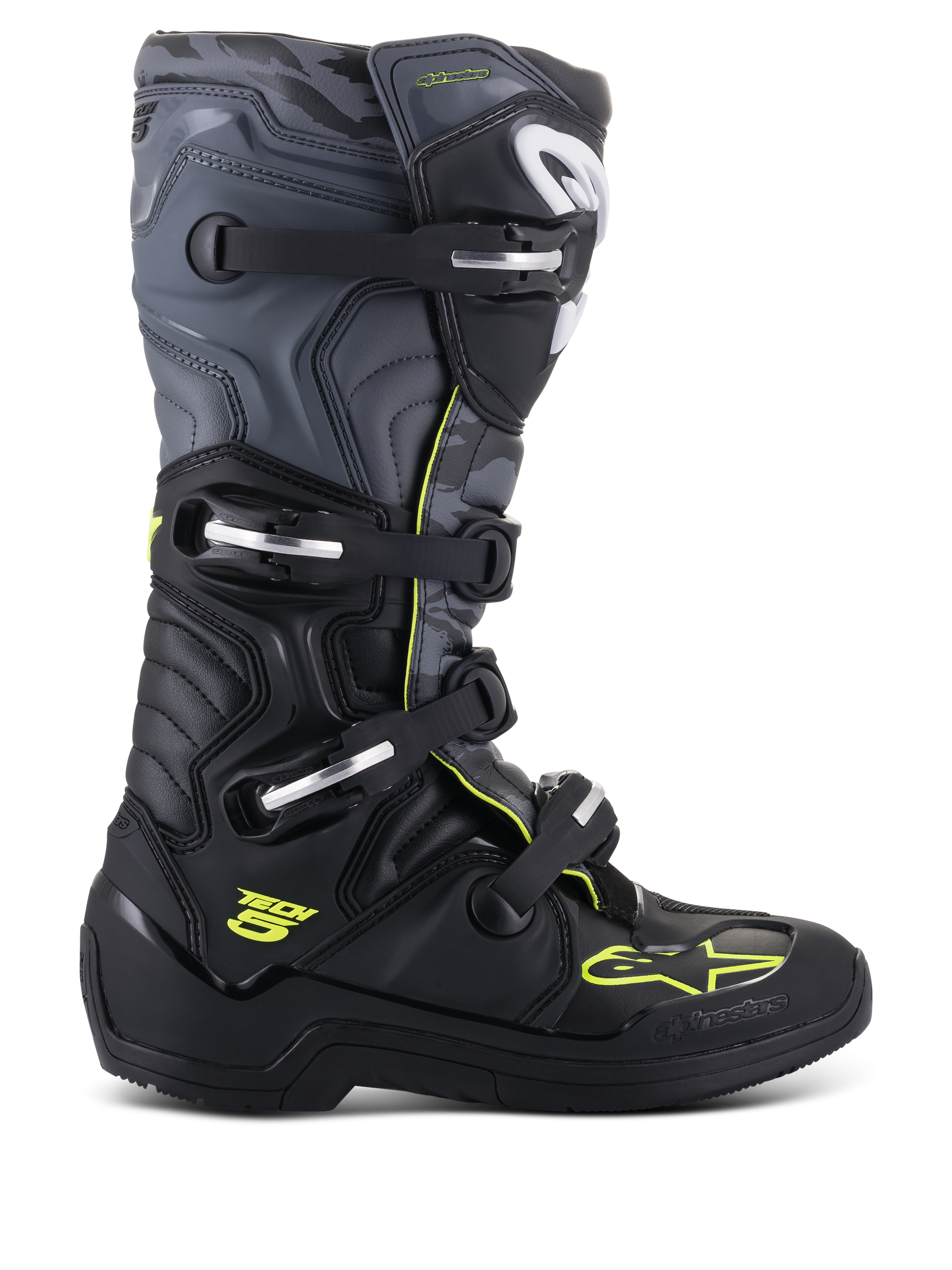 Alpinestars Tech 5 Boots, Motocross Off-Road Boots, side profile view, Black and Cool Gray with Yellow Fluo accents, featuring camouflage pattern, adjustable buckles, and rugged protective sole.