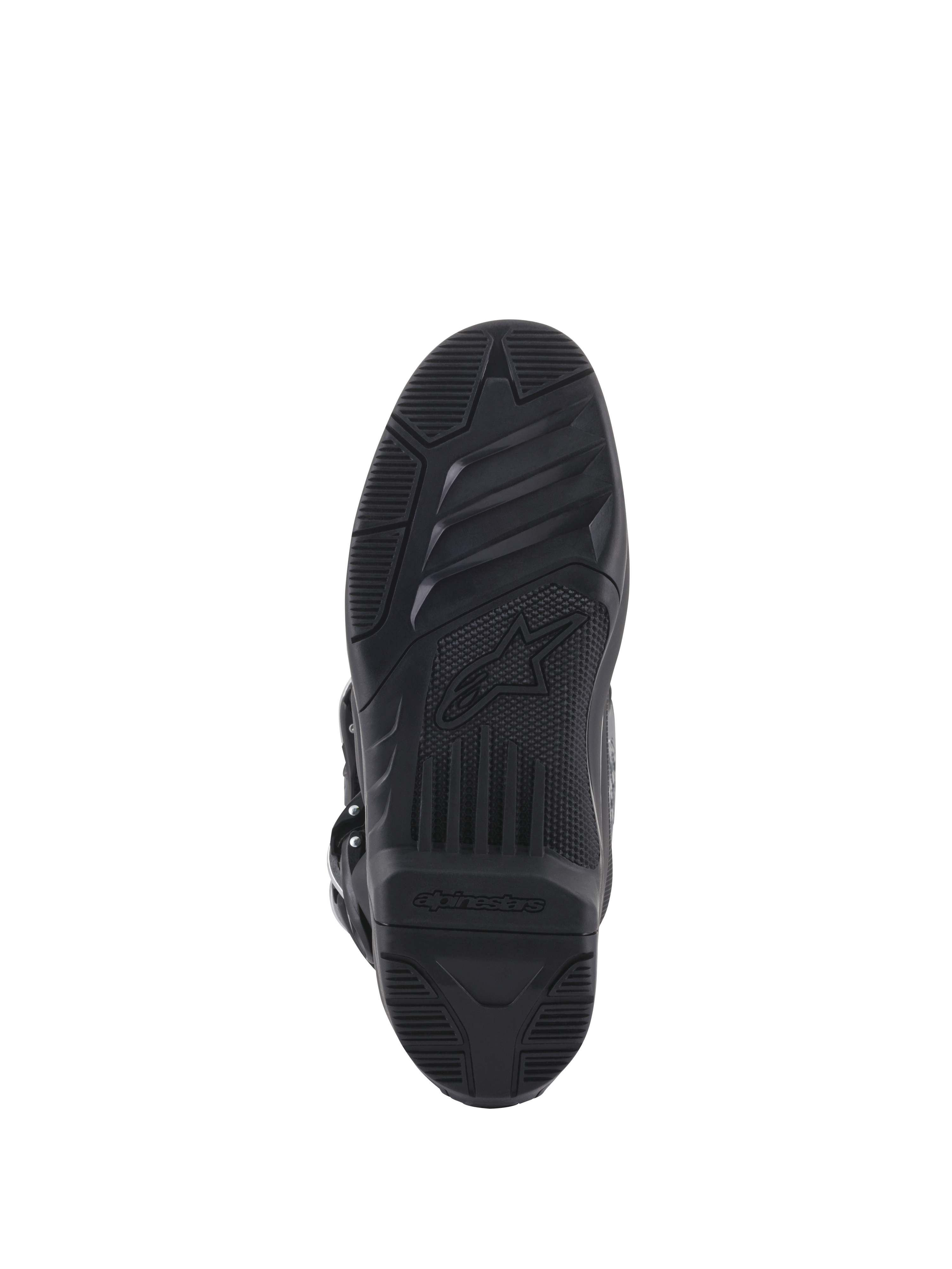 Alpinestars Tech 5 Boots, bottom view of sole, black rubber with textured grip patterns, featuring Alpinestars star logo and branding, durable design for motocross and off-road traction